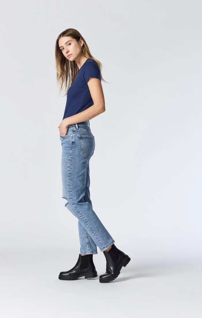 SOHO GIRLFRIEND JEANS IN LIGHT RIPPED RECYCLE BLUE