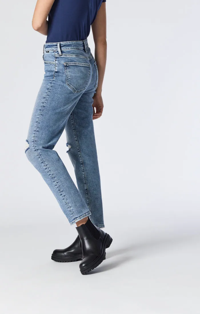 SOHO GIRLFRIEND JEANS IN LIGHT RIPPED RECYCLE BLUE