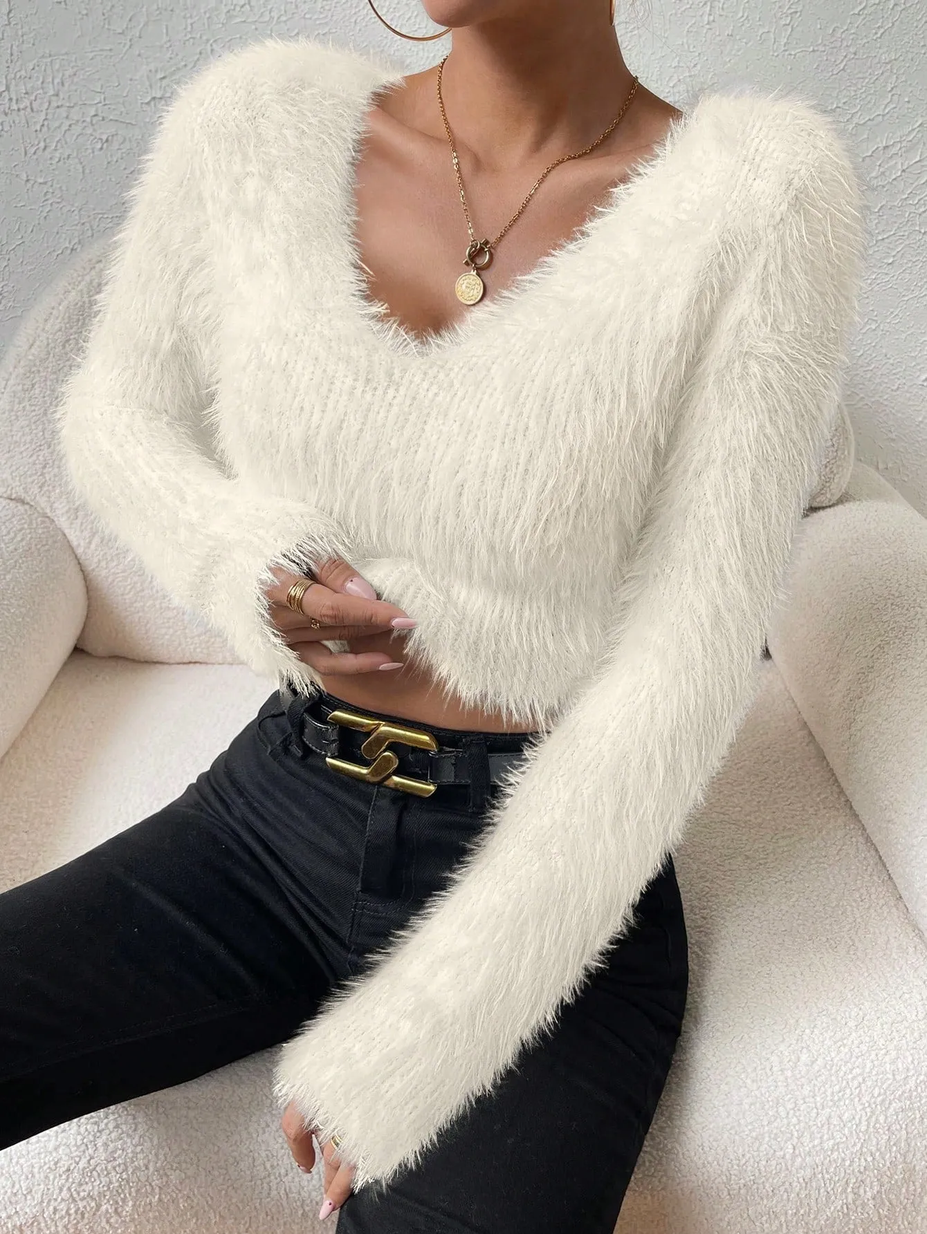 Solid V Neck Crop Fuzzy Sweater