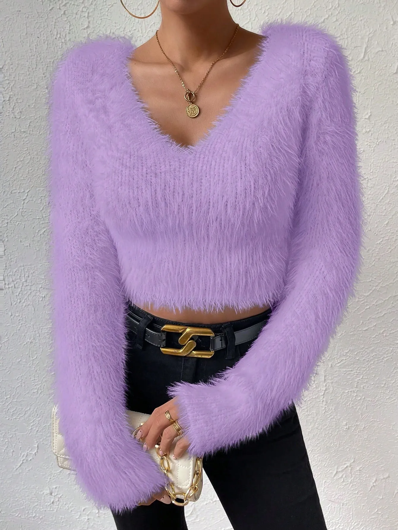 Solid V Neck Crop Fuzzy Sweater