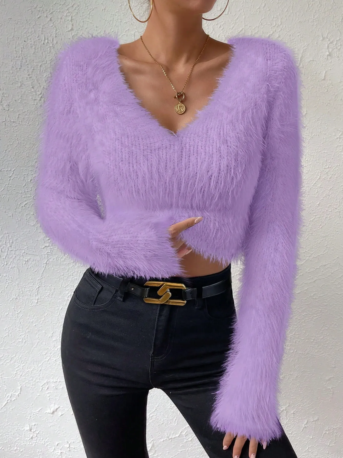 Solid V Neck Crop Fuzzy Sweater