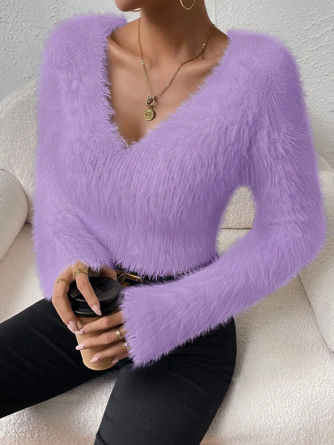 Solid V Neck Crop Fuzzy Sweater