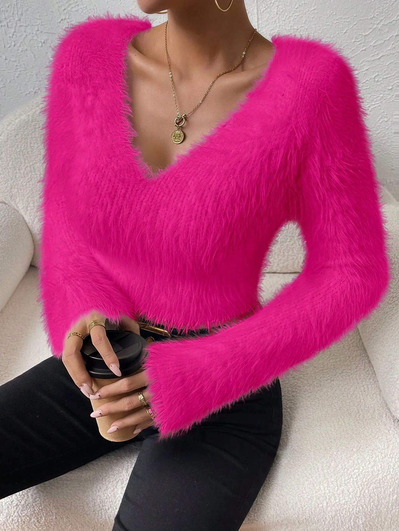 Solid V Neck Crop Fuzzy Sweater