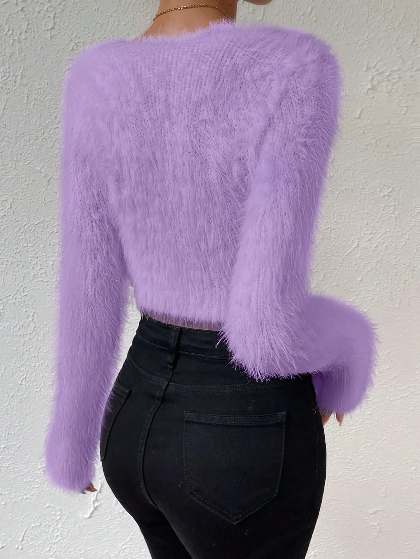 Solid V Neck Crop Fuzzy Sweater