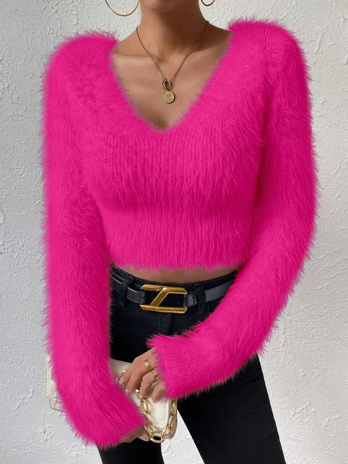 Solid V Neck Crop Fuzzy Sweater