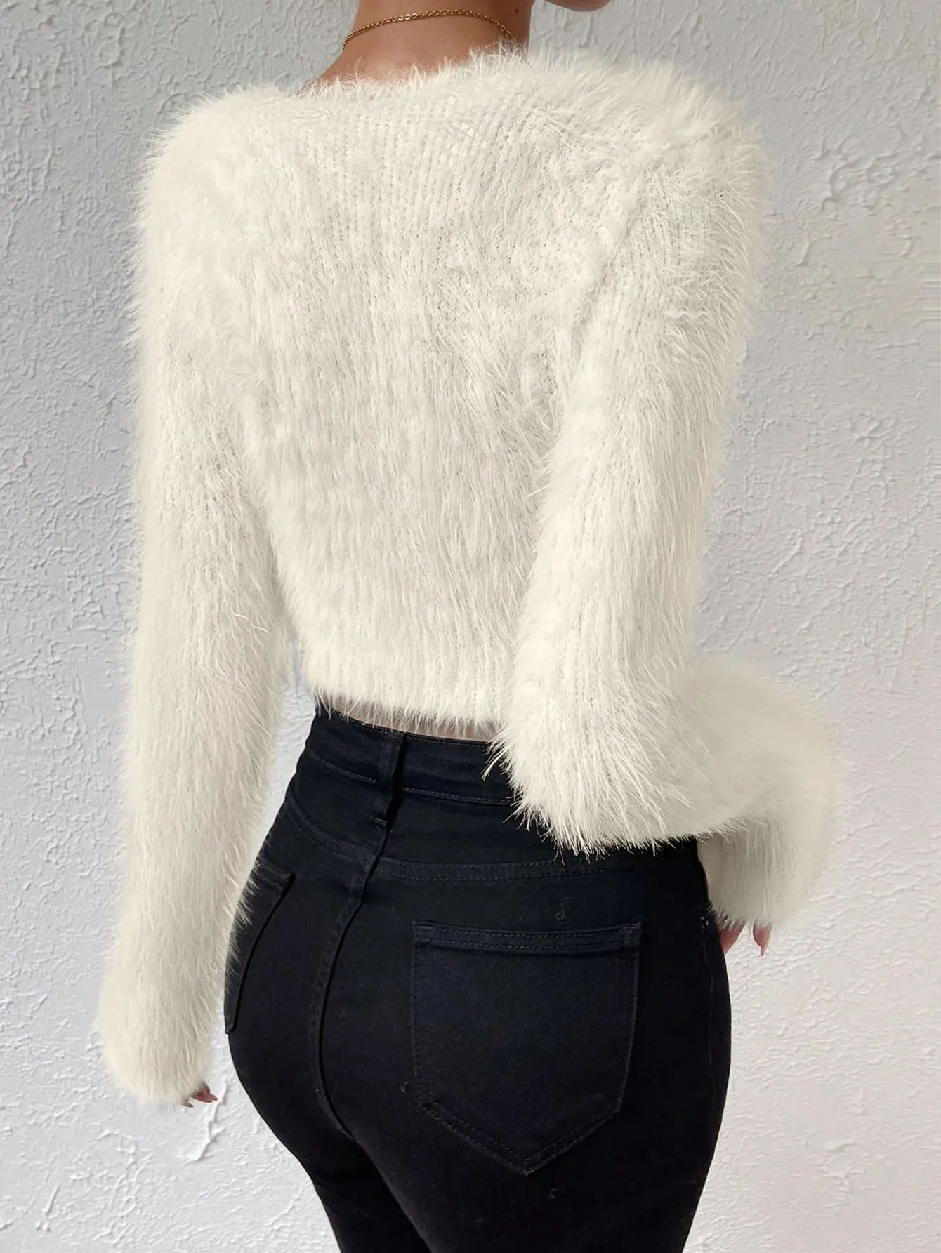 Solid V Neck Crop Fuzzy Sweater