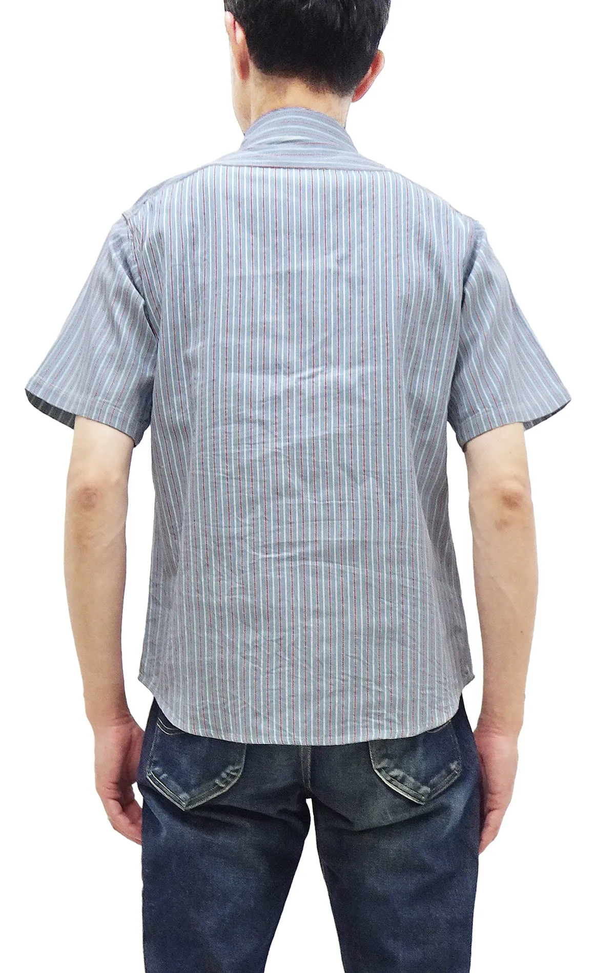 Sugar Cane Cotton Dobby Stripe Shirt Men's Casual Short Sleeve Button Up Work Shirt Vertical Multi-Striped Pattern SC39306 125 Blue