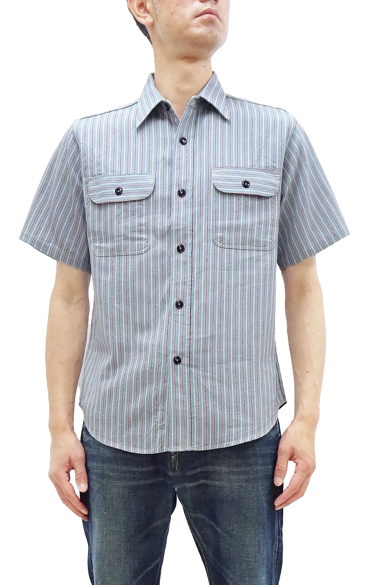 Sugar Cane Cotton Dobby Stripe Shirt Men's Casual Short Sleeve Button Up Work Shirt Vertical Multi-Striped Pattern SC39306 125 Blue