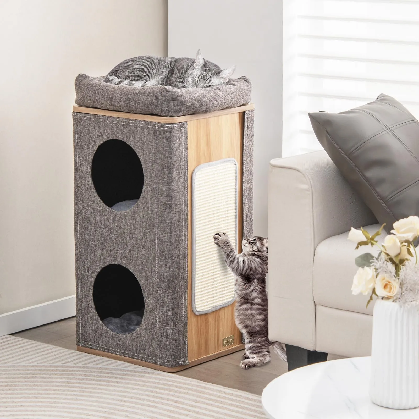 Tangkula 3-Story Cat Tree Condo, Wooden Cat House with Scratching Board