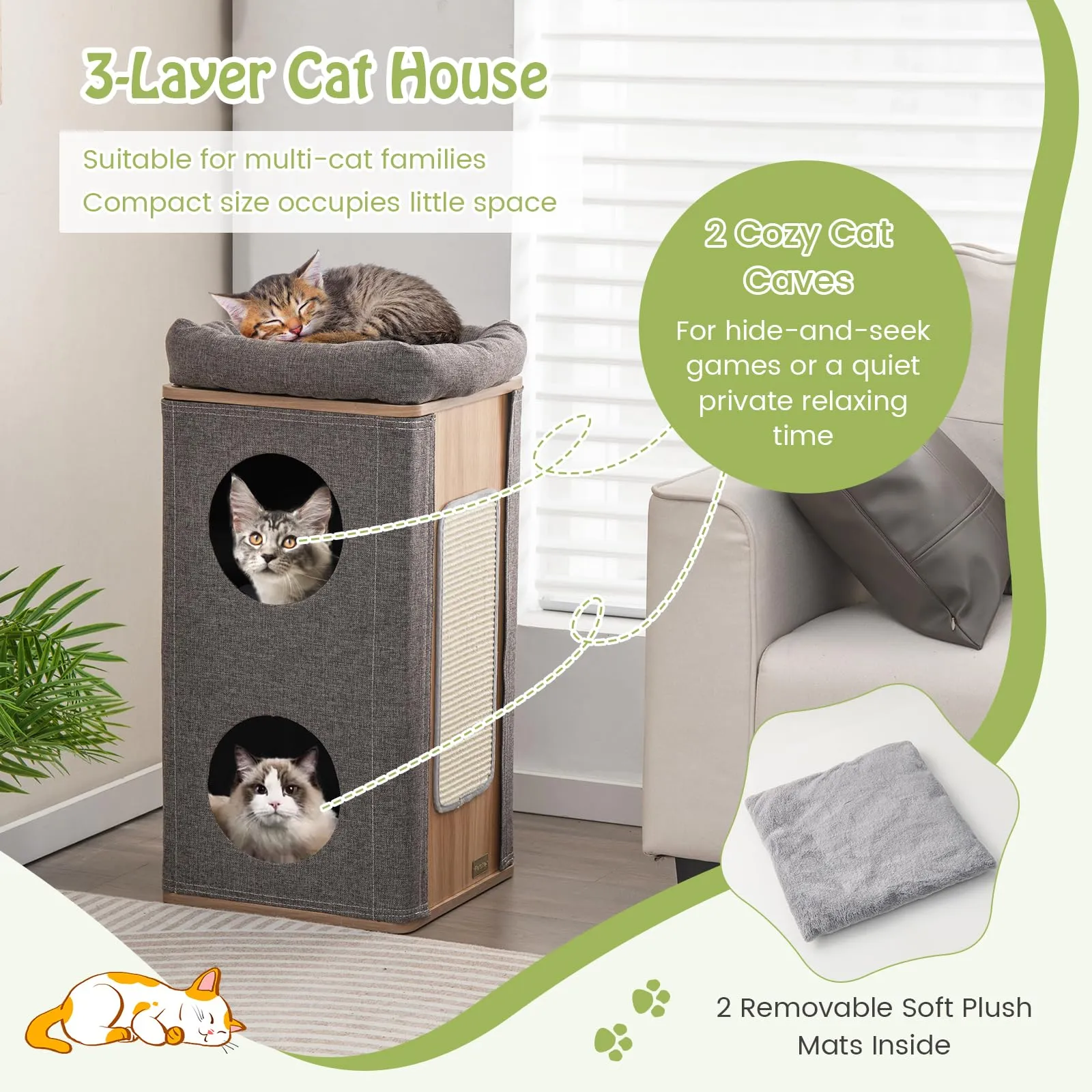 Tangkula 3-Story Cat Tree Condo, Wooden Cat House with Scratching Board