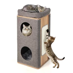 Tangkula 3-Story Cat Tree Condo, Wooden Cat House with Scratching Board