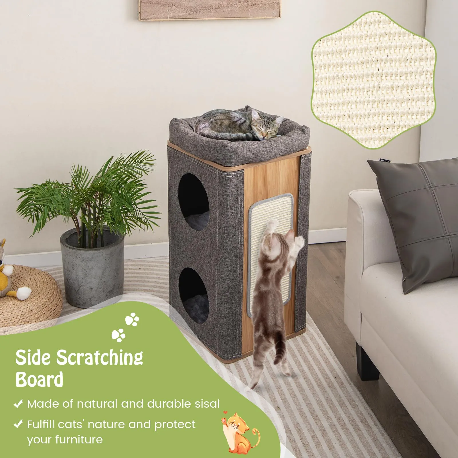 Tangkula 3-Story Cat Tree Condo, Wooden Cat House with Scratching Board