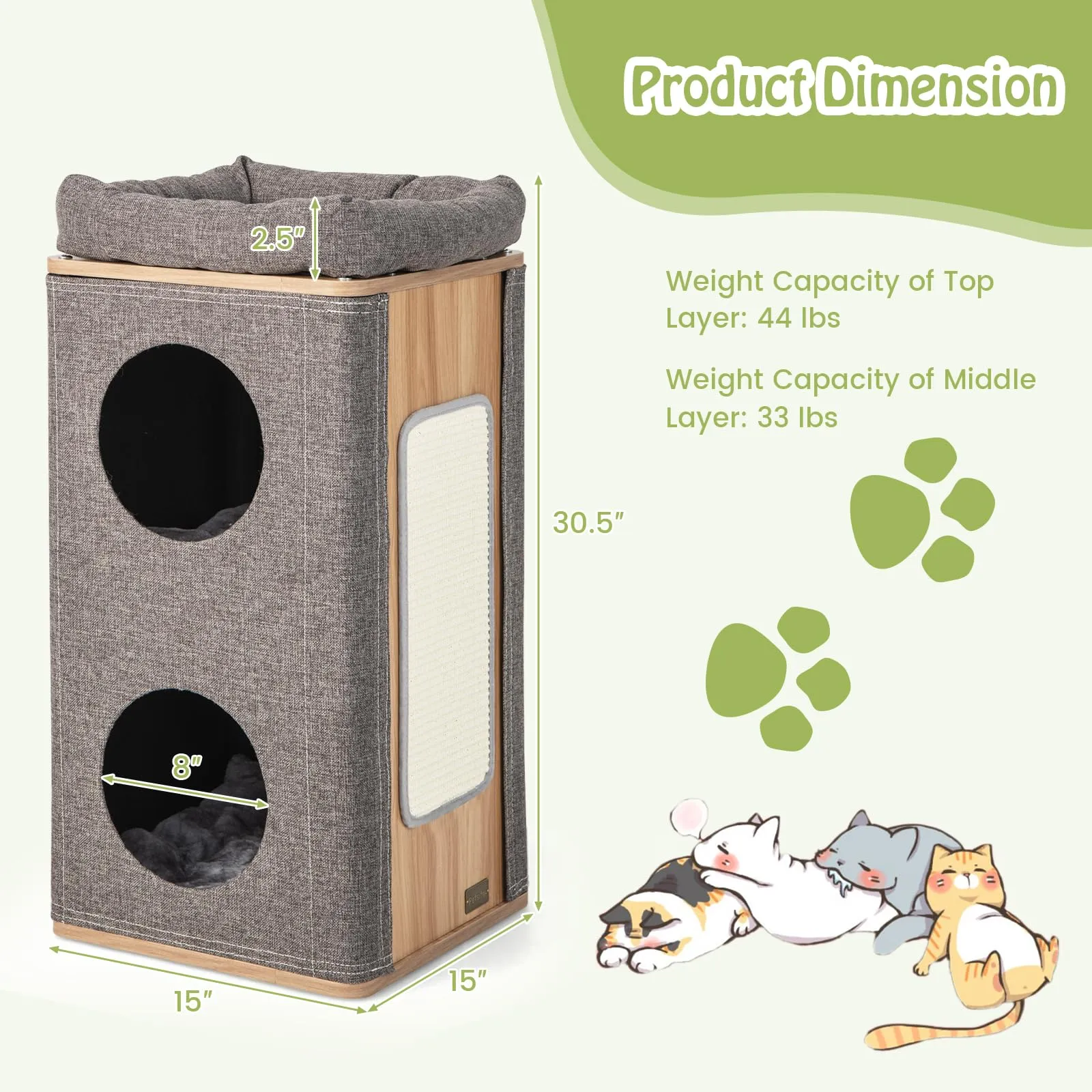 Tangkula 3-Story Cat Tree Condo, Wooden Cat House with Scratching Board