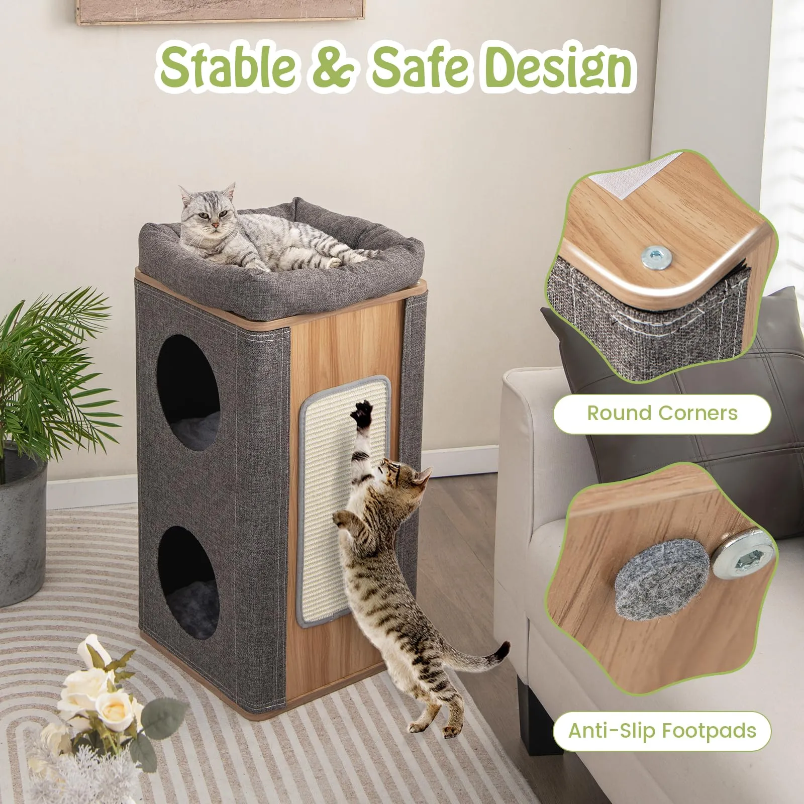 Tangkula 3-Story Cat Tree Condo, Wooden Cat House with Scratching Board