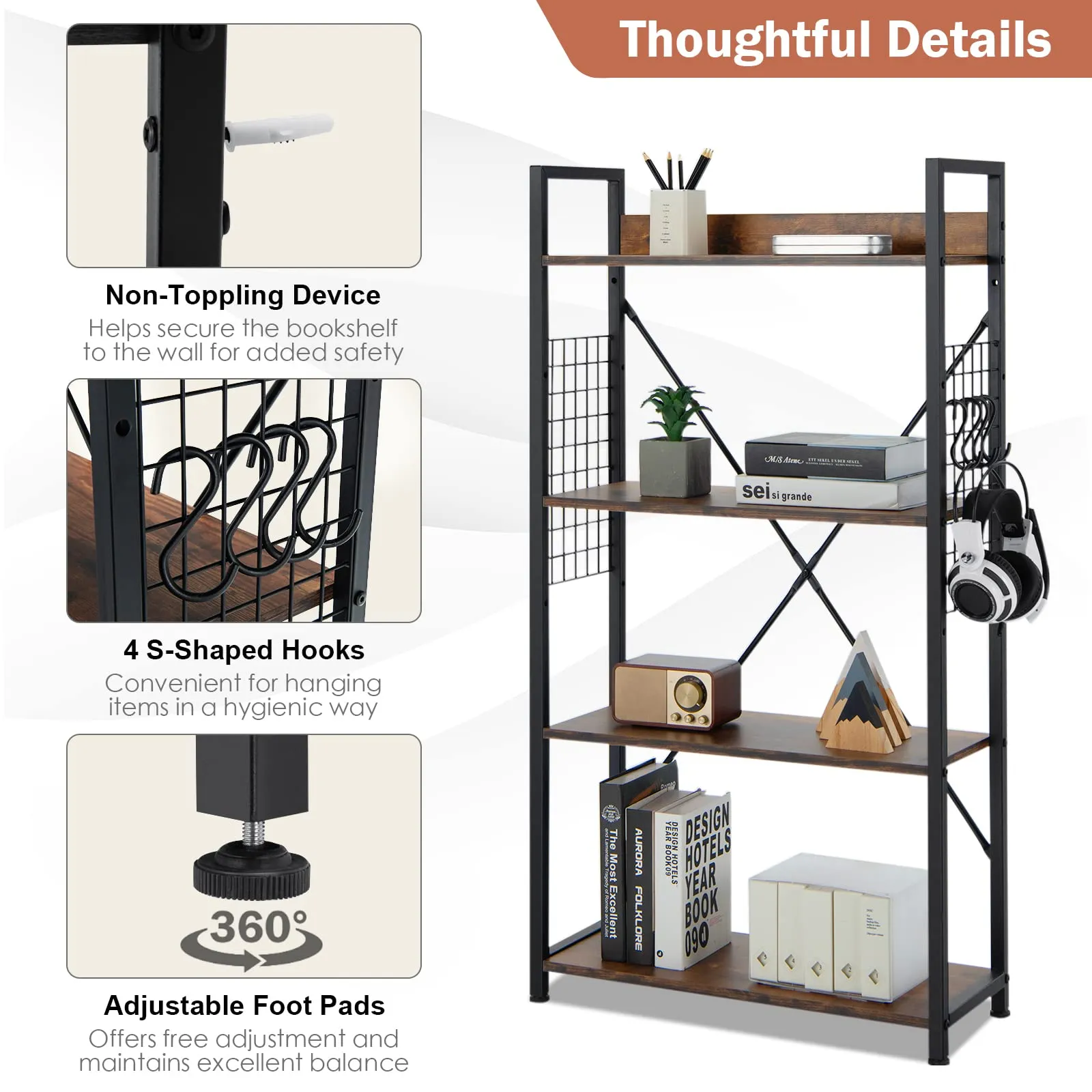 Tangkula 4 Tier Bookshelf with S-Shaped Hooks, Metal Frame Wood Look Display Shelf