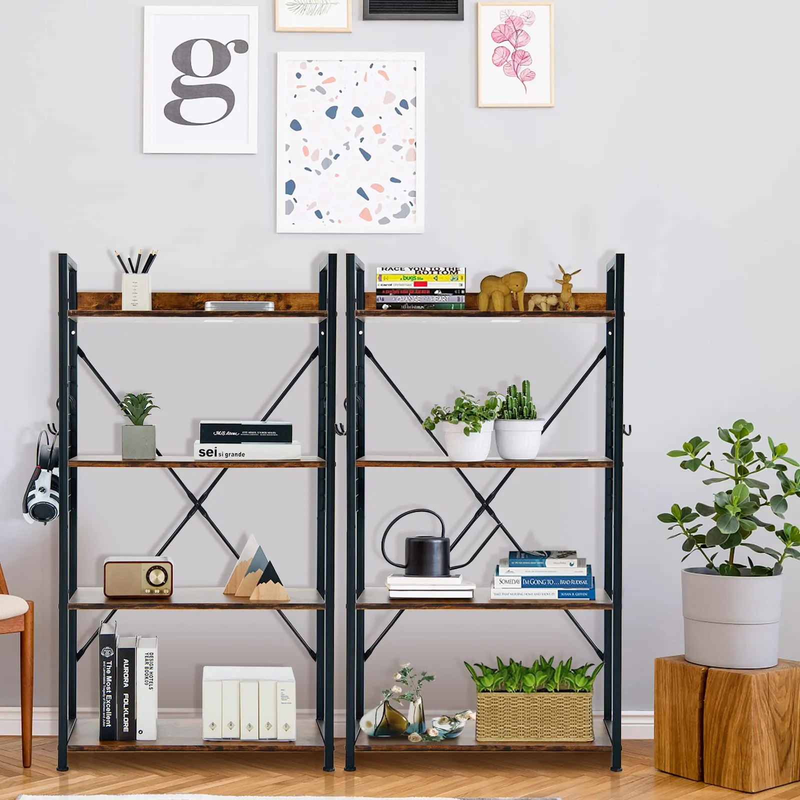 Tangkula 4 Tier Bookshelf with S-Shaped Hooks, Metal Frame Wood Look Display Shelf