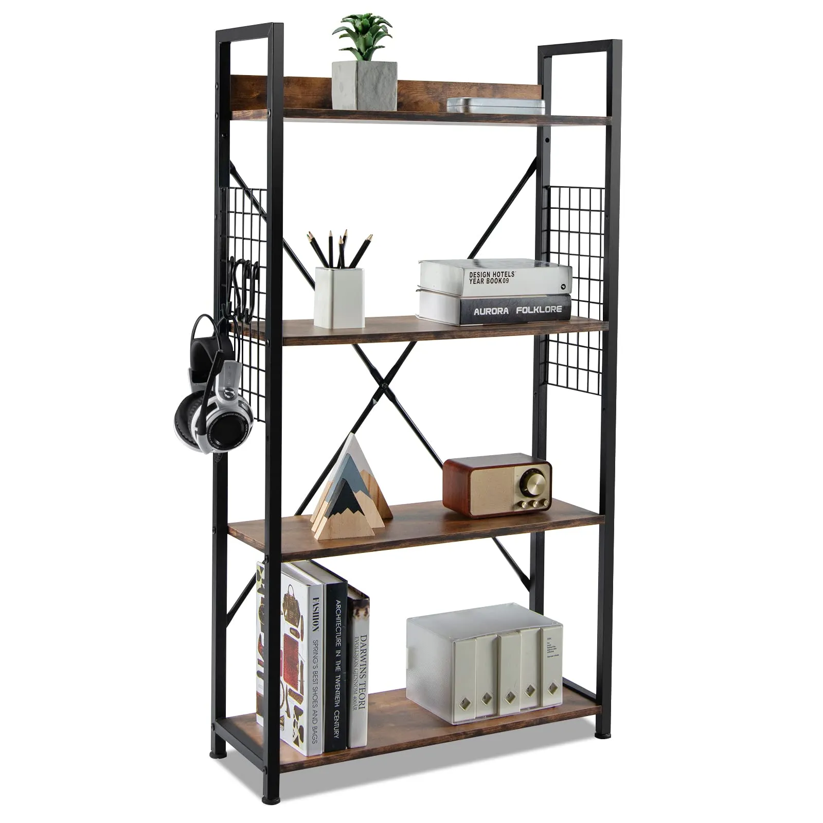 Tangkula 4 Tier Bookshelf with S-Shaped Hooks, Metal Frame Wood Look Display Shelf