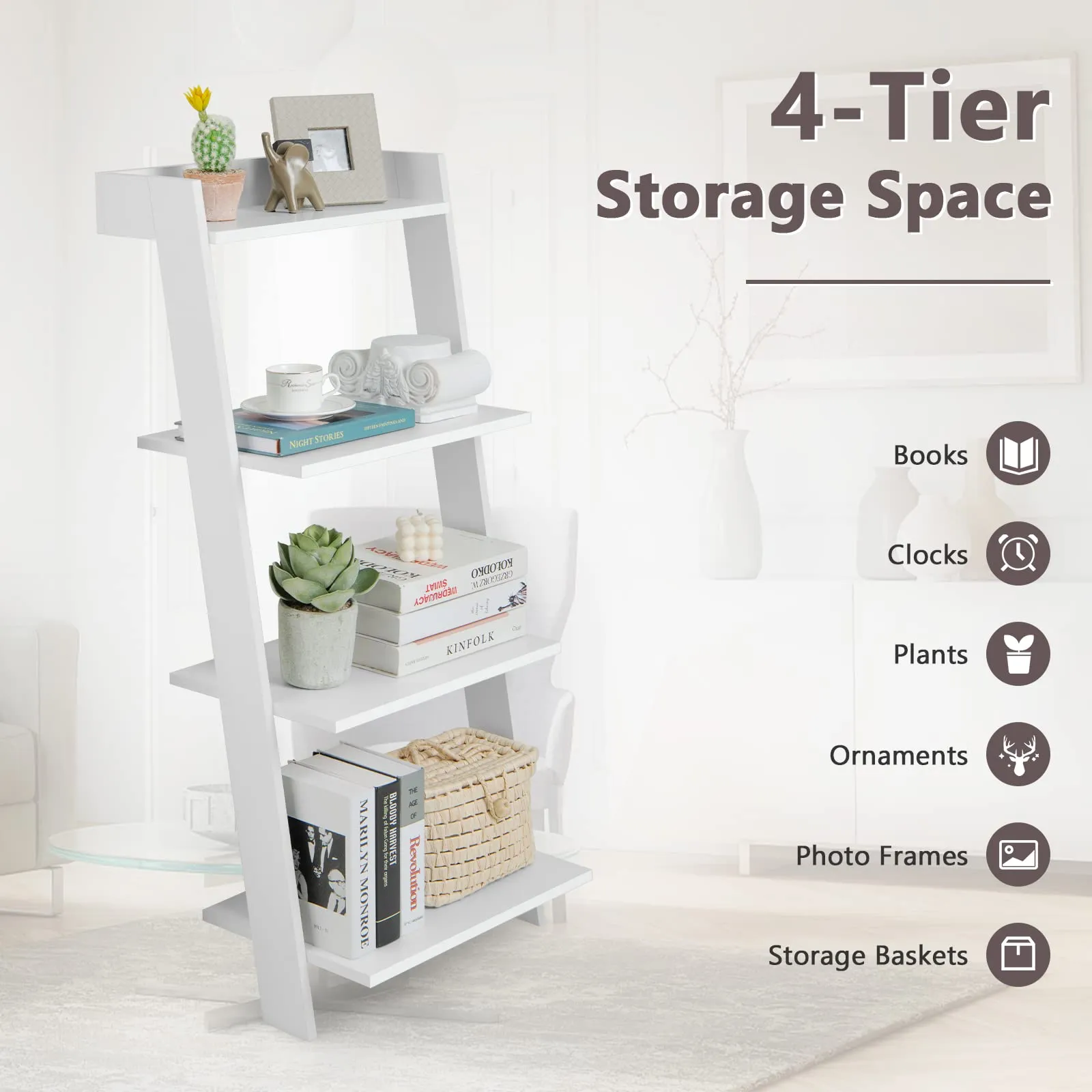 Tangkula 4 Tier Ladder Shelf, Leaning Bookshelf with Solid Wooden Frame