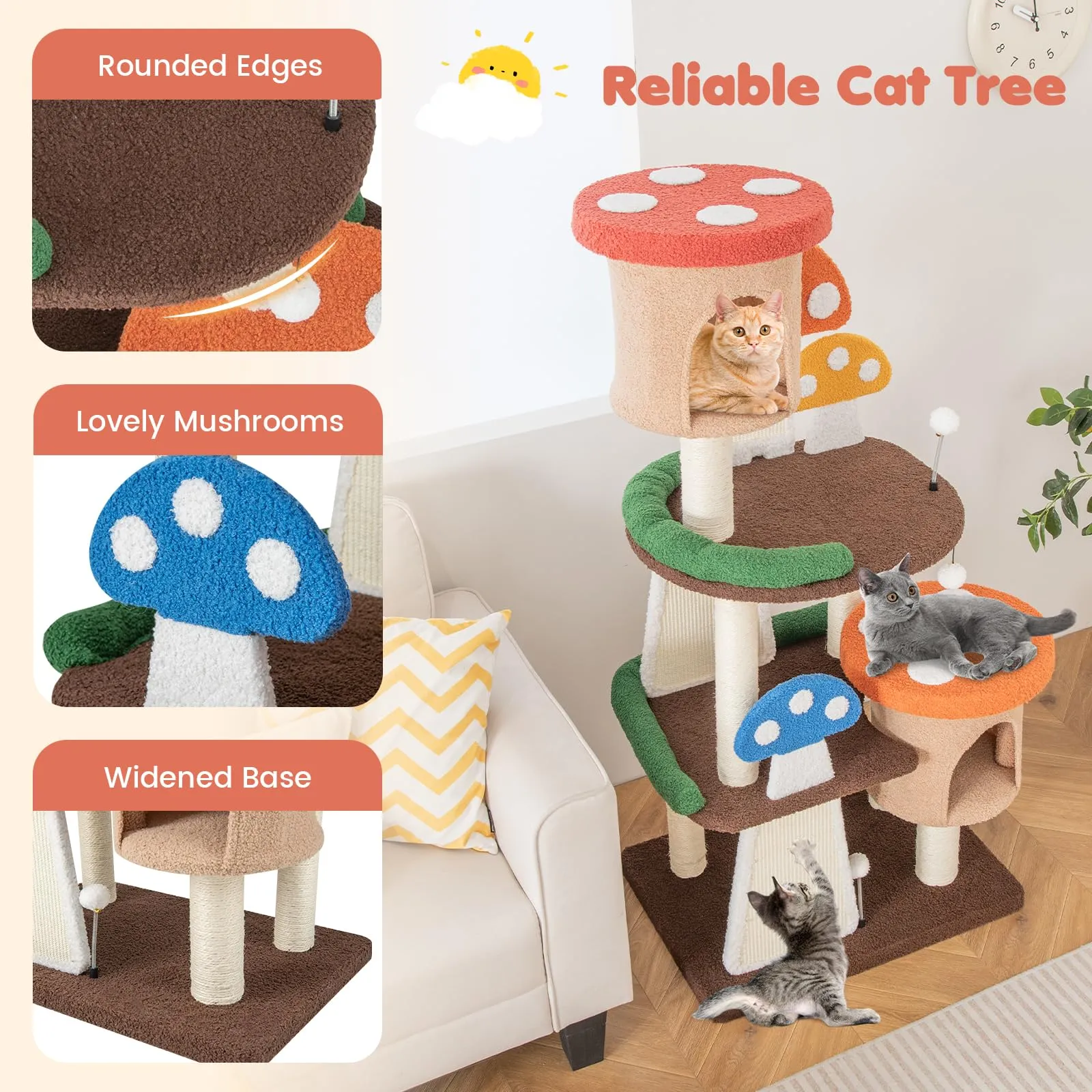 Tangkula 57.5 Inch Mushroom Cat Tree, Multi-Level Cute Cat Tower, Flower Cat Tree Tower for Indoor Cats Large