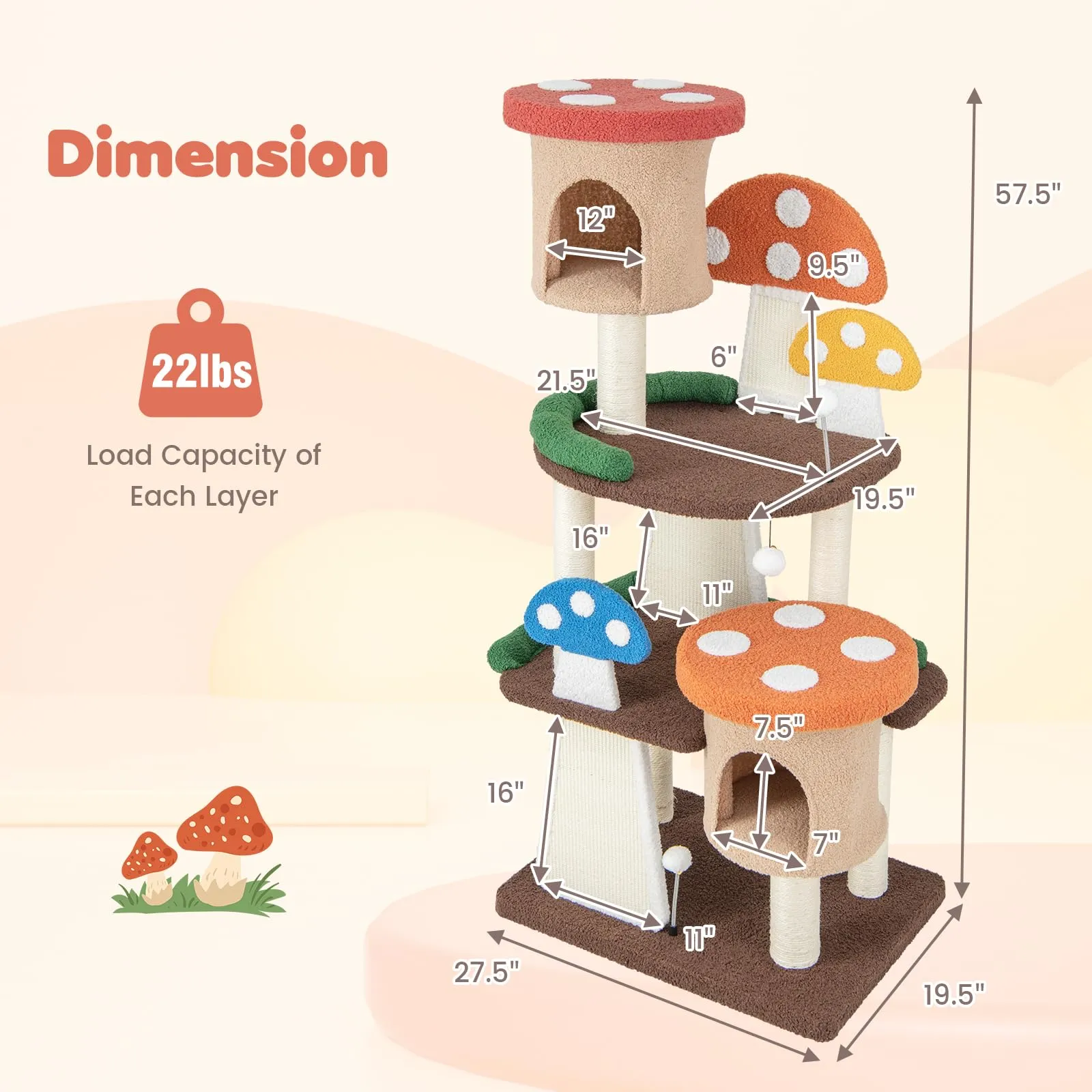 Tangkula 57.5 Inch Mushroom Cat Tree, Multi-Level Cute Cat Tower, Flower Cat Tree Tower for Indoor Cats Large