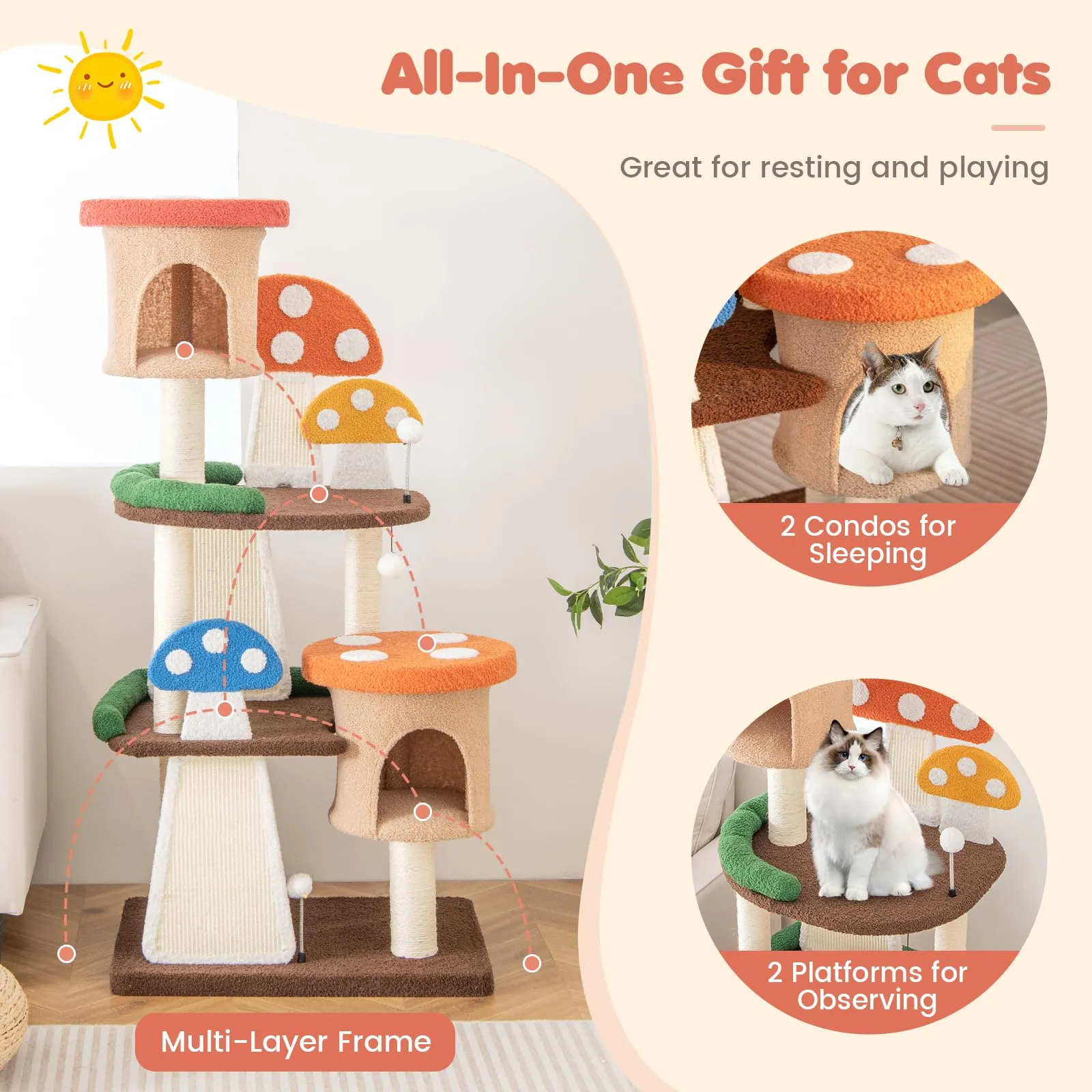 Tangkula 57.5 Inch Mushroom Cat Tree, Multi-Level Cute Cat Tower, Flower Cat Tree Tower for Indoor Cats Large