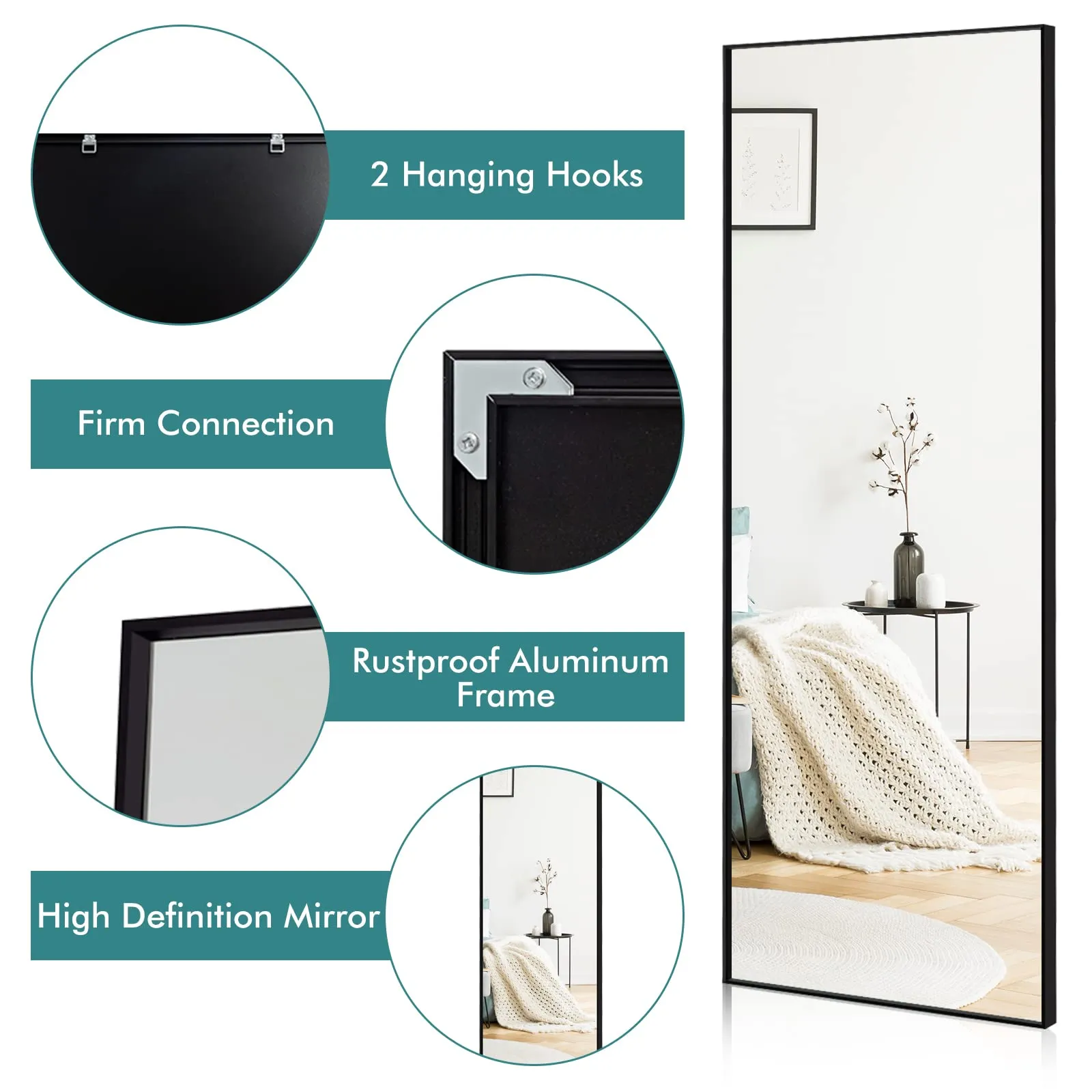 Tangkula 59" x 22" Full Length Mirror, Full Body Mirror with Rectangular Aluminum Frame and Explosion-Proof Glass