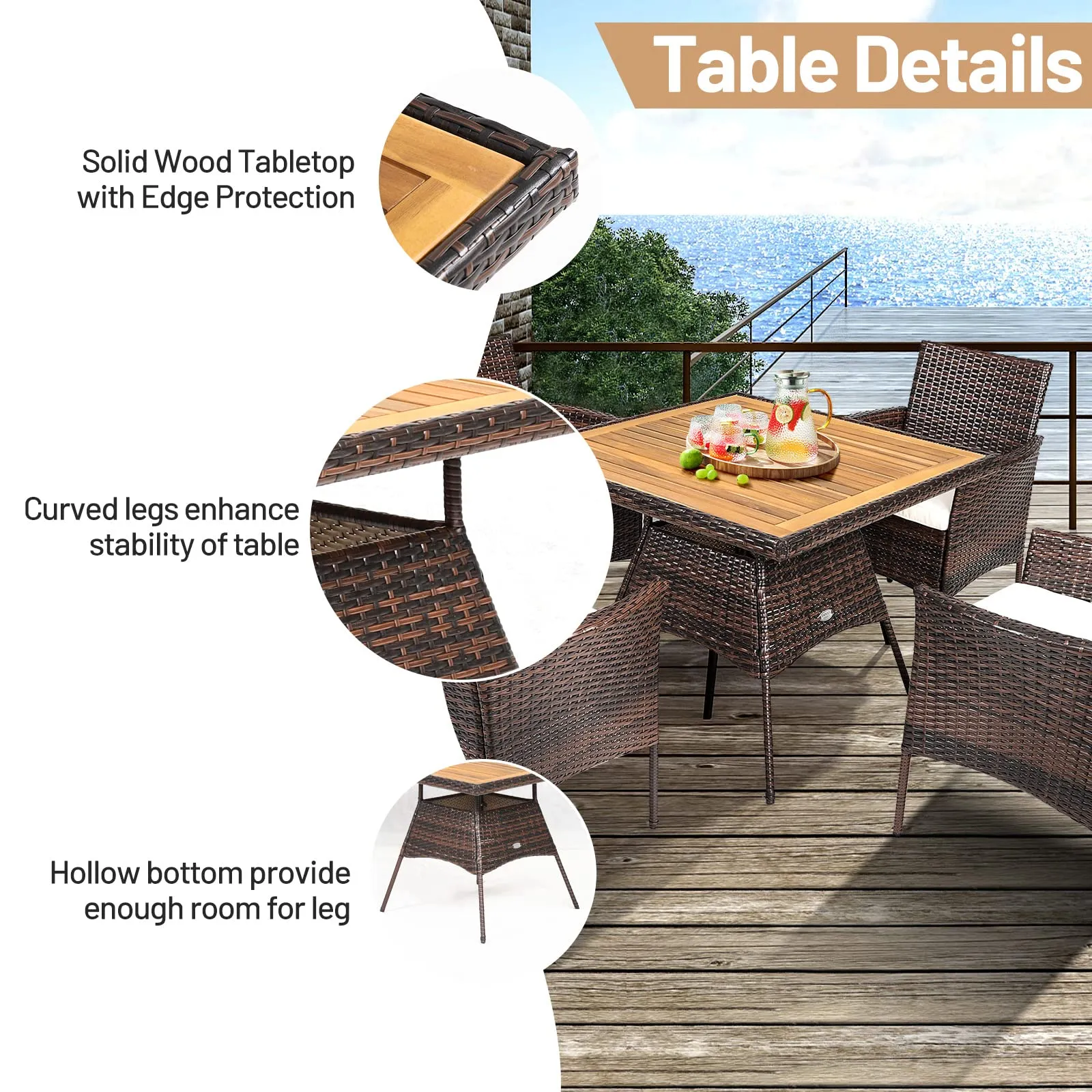 Tangkula 6-Piece Outdoor Dining Set, PE Wicker Patio Dining Table and Chairs Set with Cushions