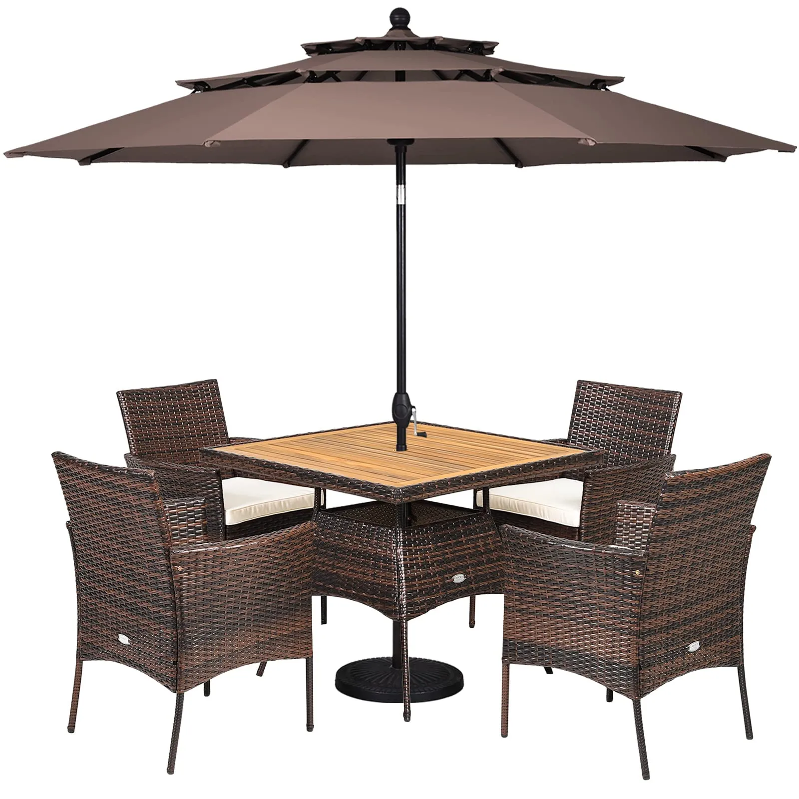 Tangkula 6-Piece Outdoor Dining Set, PE Wicker Patio Dining Table and Chairs Set with Cushions