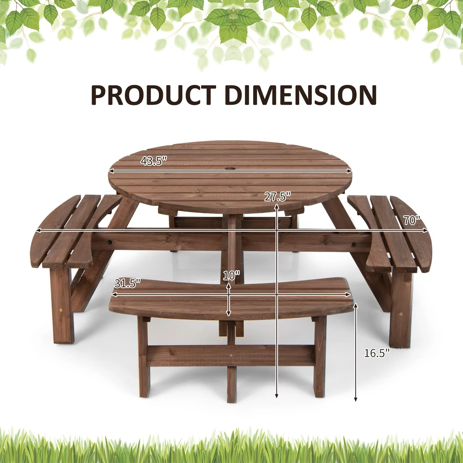 Tangkula 8 Person Cedar Wood Picnic Table, Outdoor Round Picnic Table with 4 Built-in Benches, Umbrella Hole