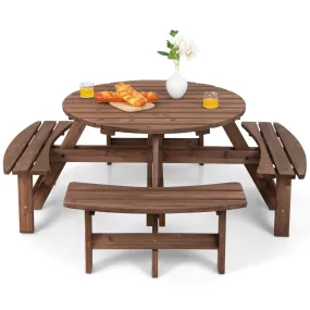 Tangkula 8 Person Cedar Wood Picnic Table, Outdoor Round Picnic Table with 4 Built-in Benches, Umbrella Hole