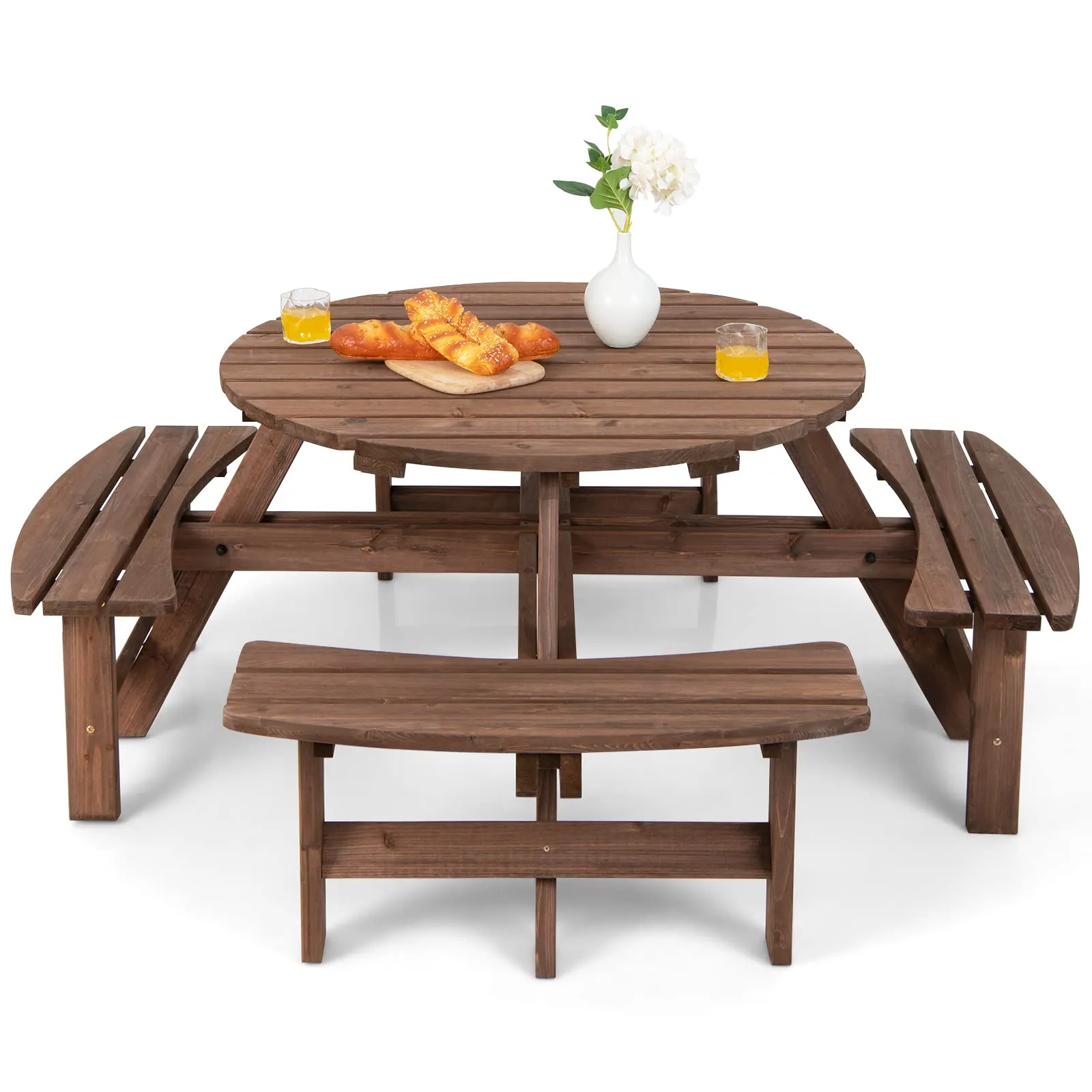 Tangkula 8 Person Cedar Wood Picnic Table, Outdoor Round Picnic Table with 4 Built-in Benches, Umbrella Hole