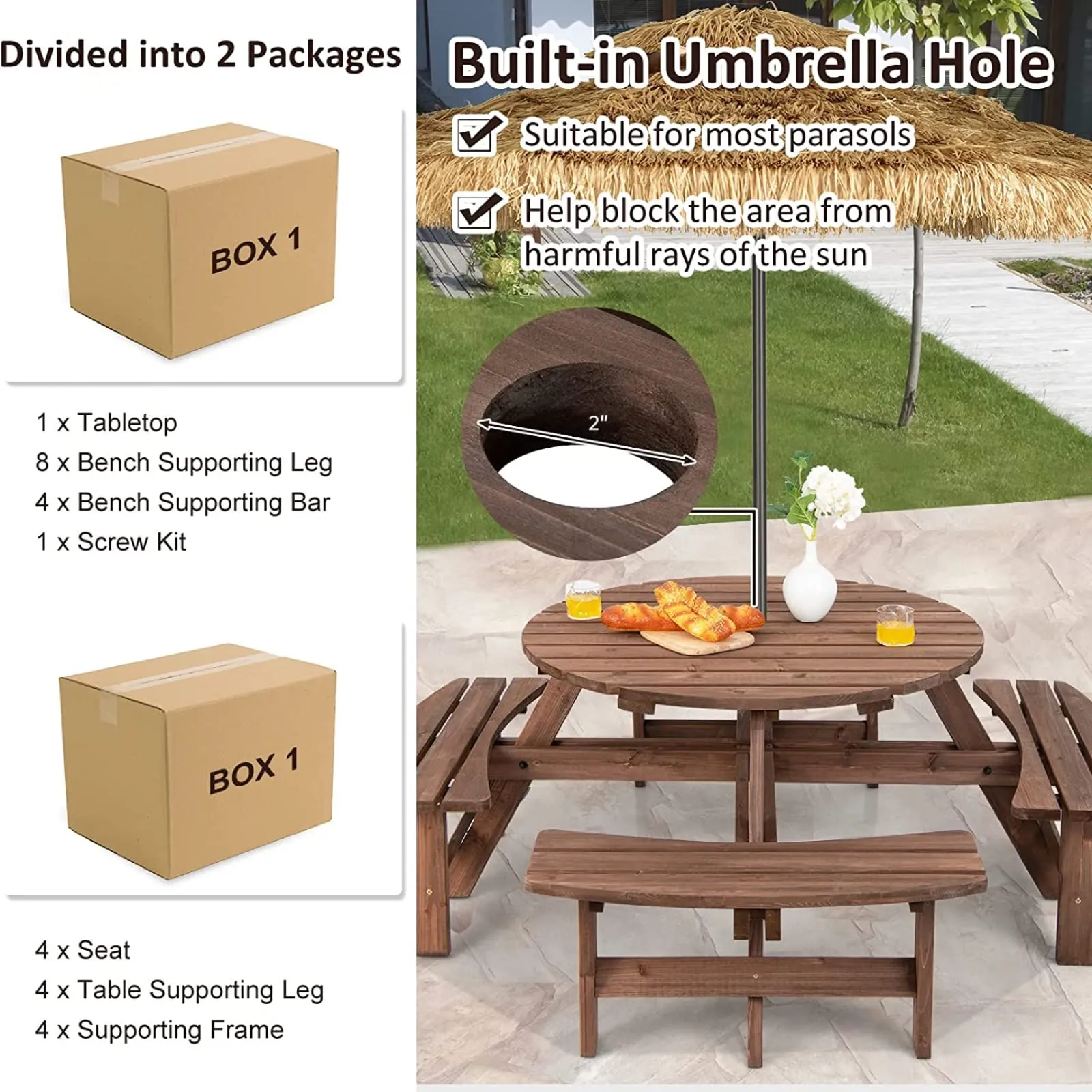 Tangkula 8 Person Cedar Wood Picnic Table, Outdoor Round Picnic Table with 4 Built-in Benches, Umbrella Hole