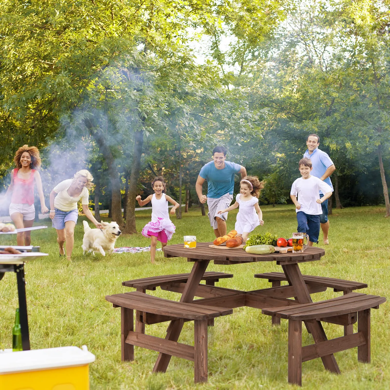 Tangkula 8 Person Cedar Wood Picnic Table, Outdoor Round Picnic Table with 4 Built-in Benches, Umbrella Hole