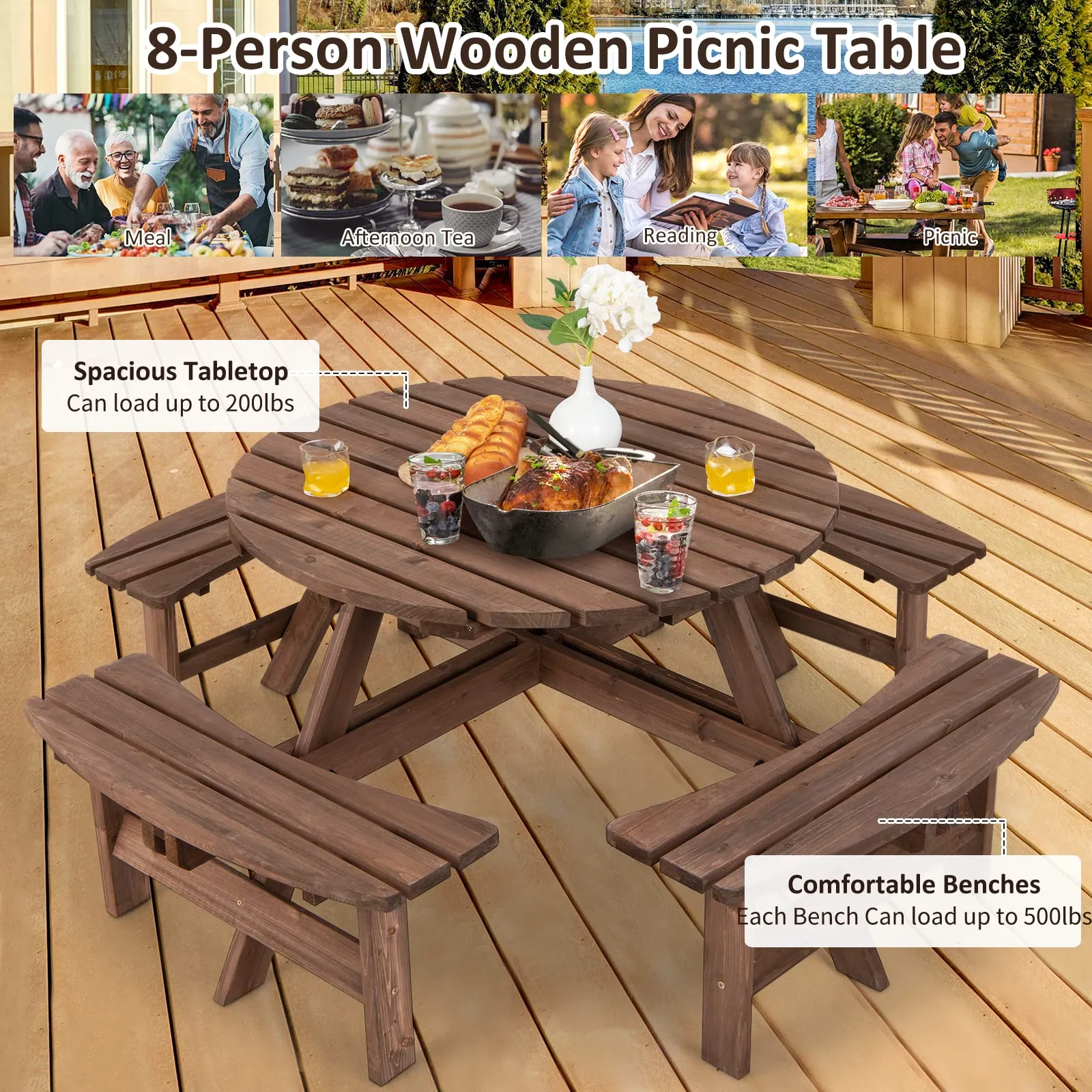 Tangkula 8 Person Cedar Wood Picnic Table, Outdoor Round Picnic Table with 4 Built-in Benches, Umbrella Hole