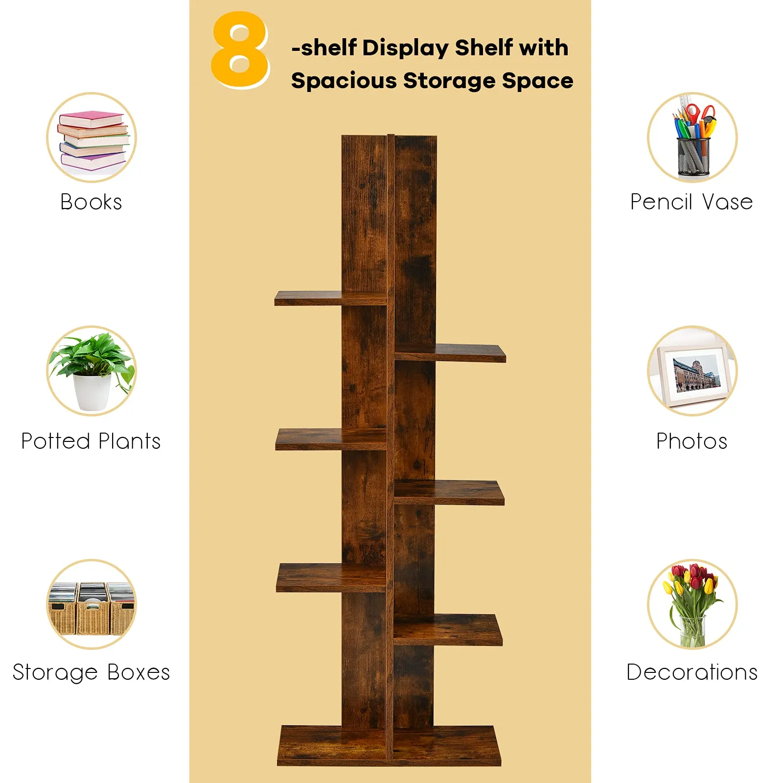 Tangkula 8 Shelf Bookshelf, Wood Bookcase with 8 Book Shelf, Tree Bookshelf Room Dividers