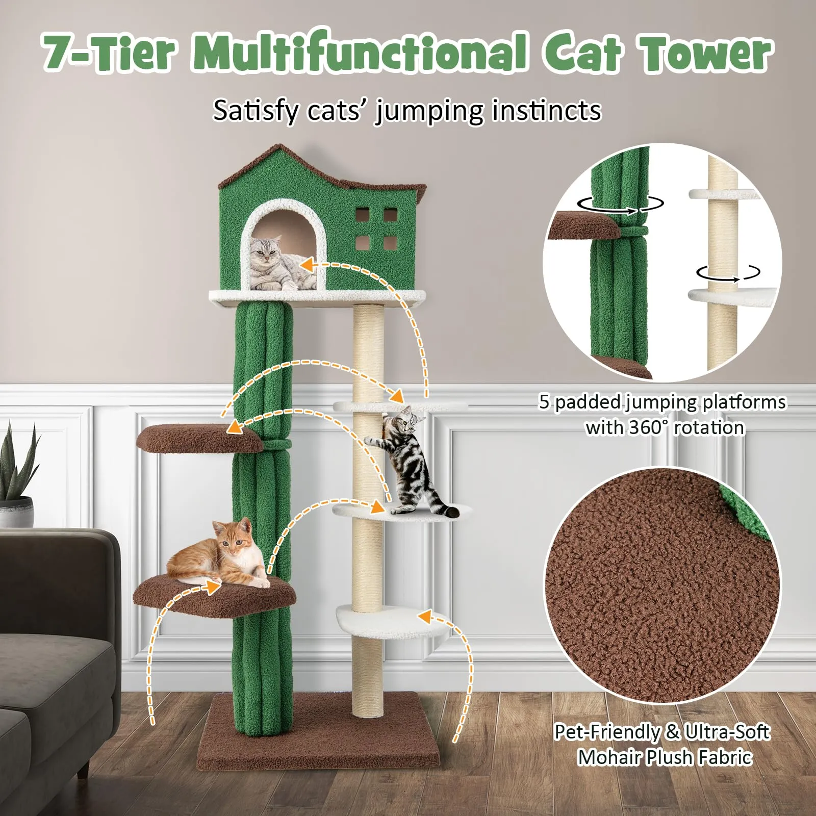 Tangkula Cactus Cat Tree for Indoor Cat, 7-Tier 61” Modern Cat Tree Tower with Sisal Scratching Posts