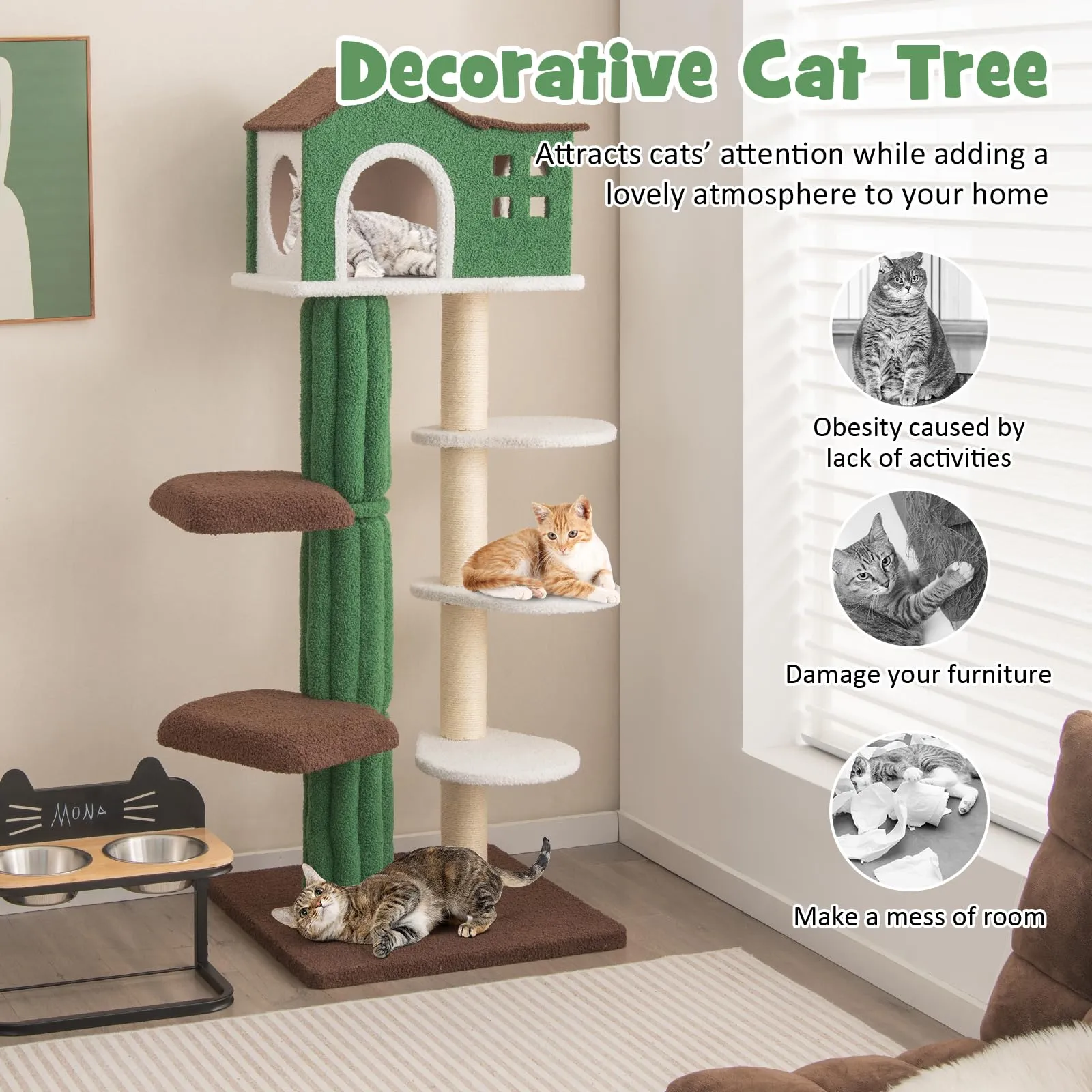 Tangkula Cactus Cat Tree for Indoor Cat, 7-Tier 61” Modern Cat Tree Tower with Sisal Scratching Posts