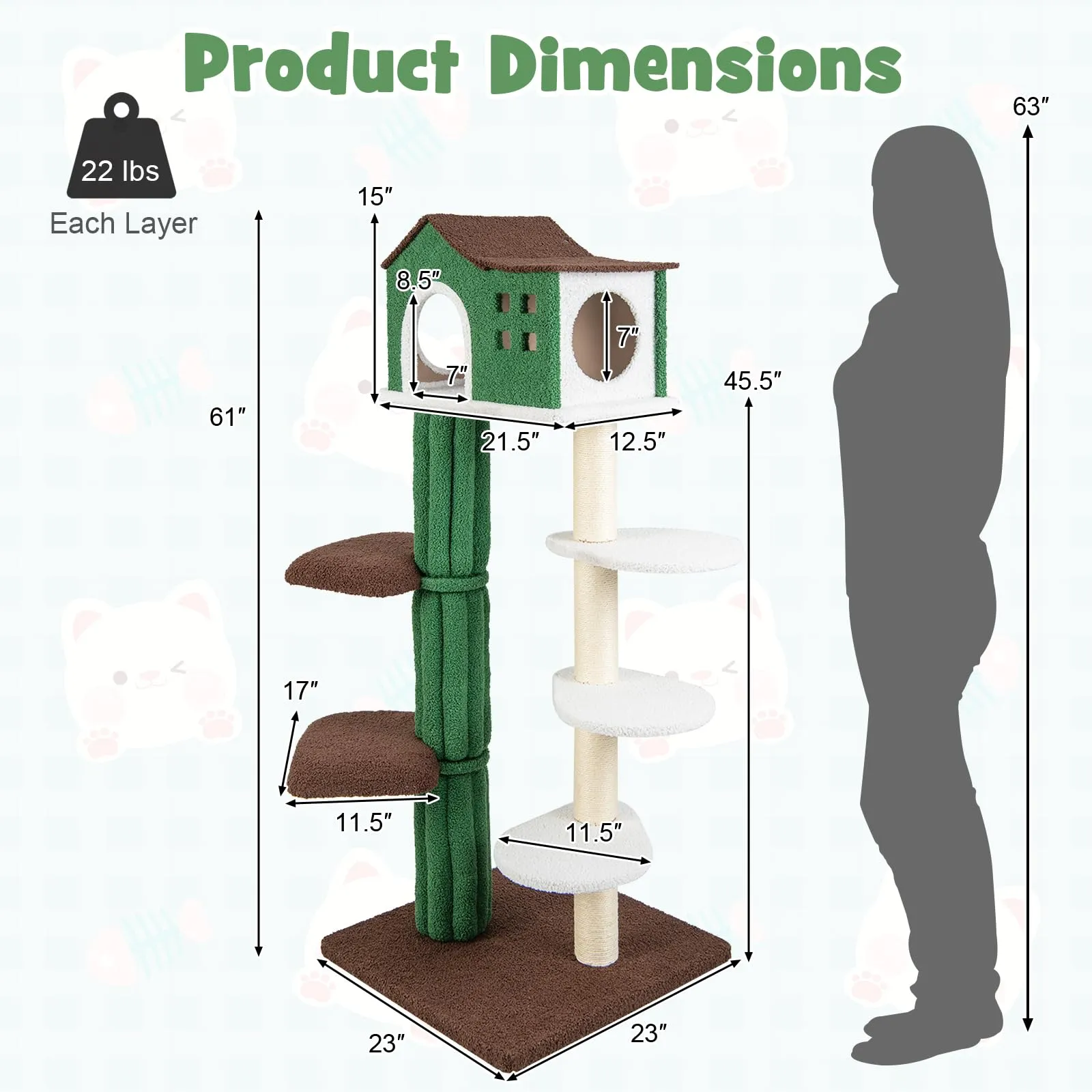 Tangkula Cactus Cat Tree for Indoor Cat, 7-Tier 61” Modern Cat Tree Tower with Sisal Scratching Posts