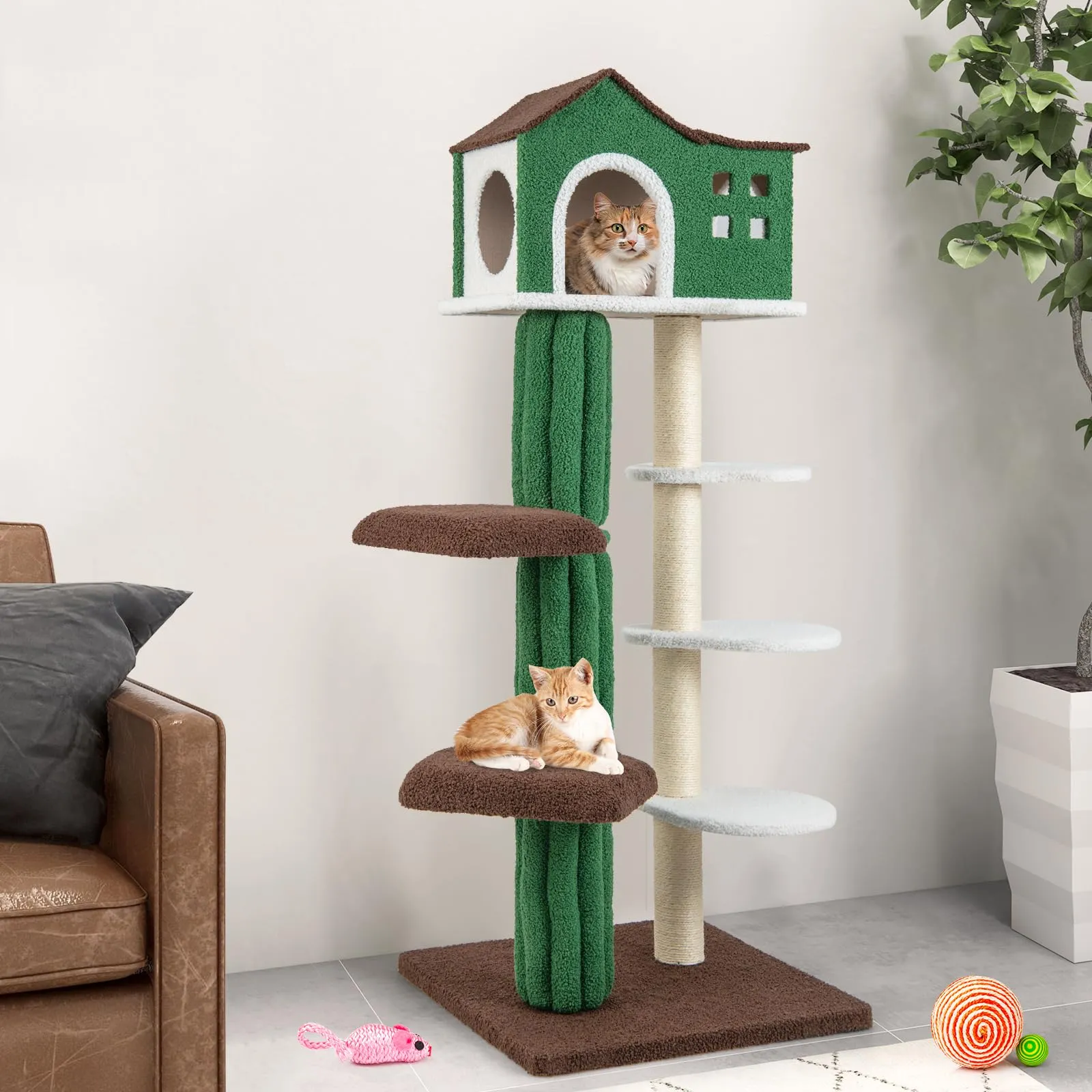 Tangkula Cactus Cat Tree for Indoor Cat, 7-Tier 61” Modern Cat Tree Tower with Sisal Scratching Posts