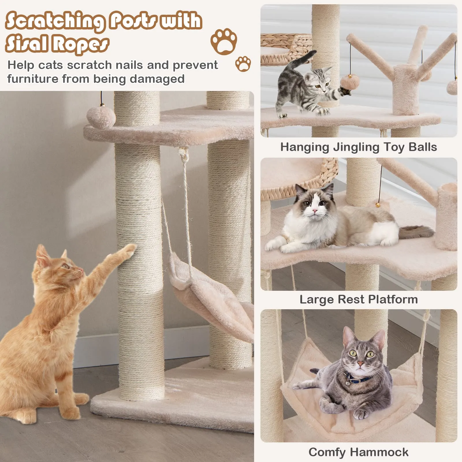 Tangkula Cat Tree for Indoor Cats, Multi-Level Tall Cat Tree with Natural Sisal Scratching Posts