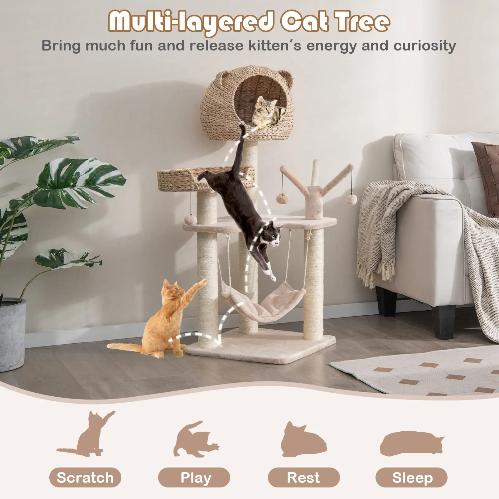 Tangkula Cat Tree for Indoor Cats, Multi-Level Tall Cat Tree with Natural Sisal Scratching Posts