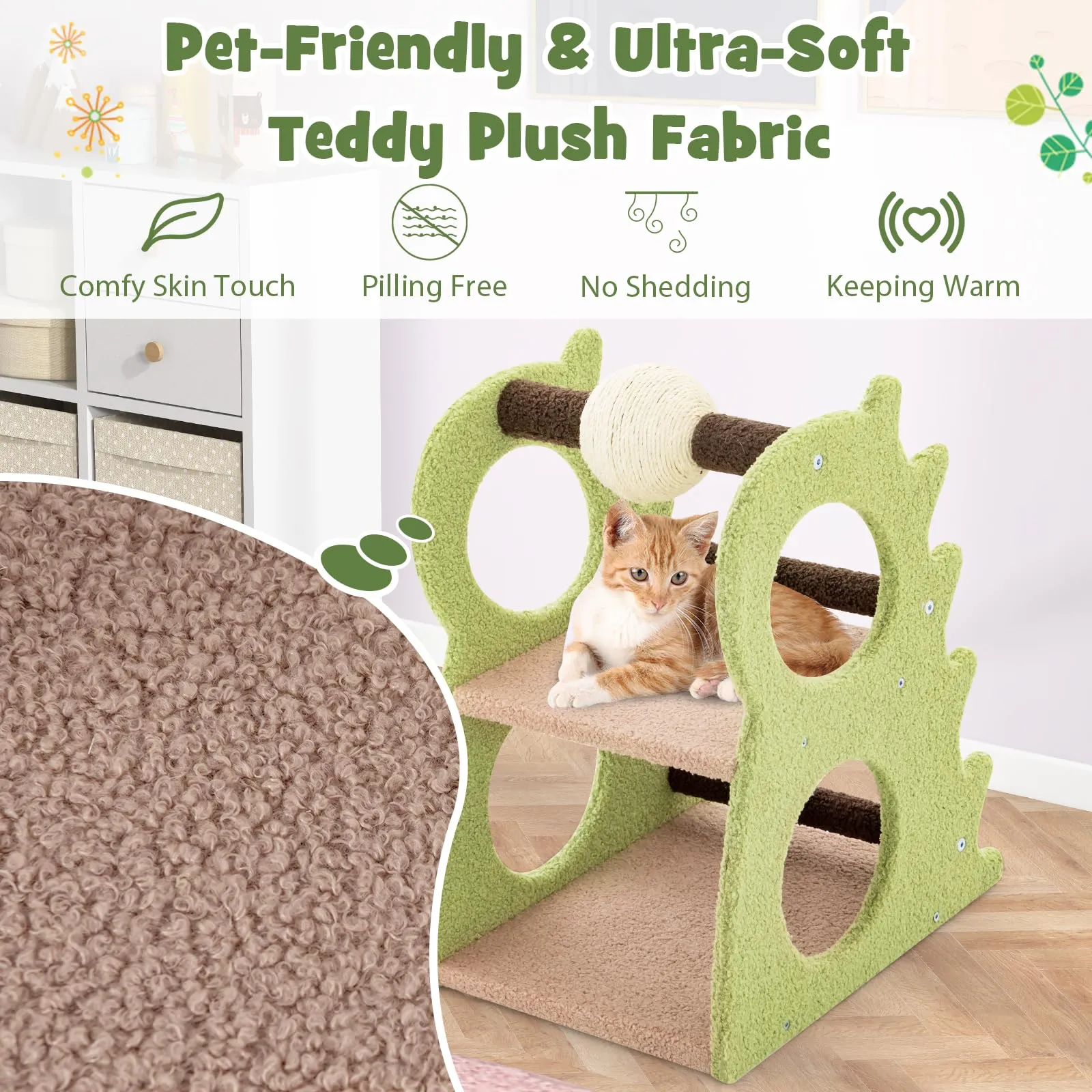 Tangkula Cute Cat Tree, Dinosaur-Shaped Cat Tower with Rotatable Sisal Scratching Ball (Green)