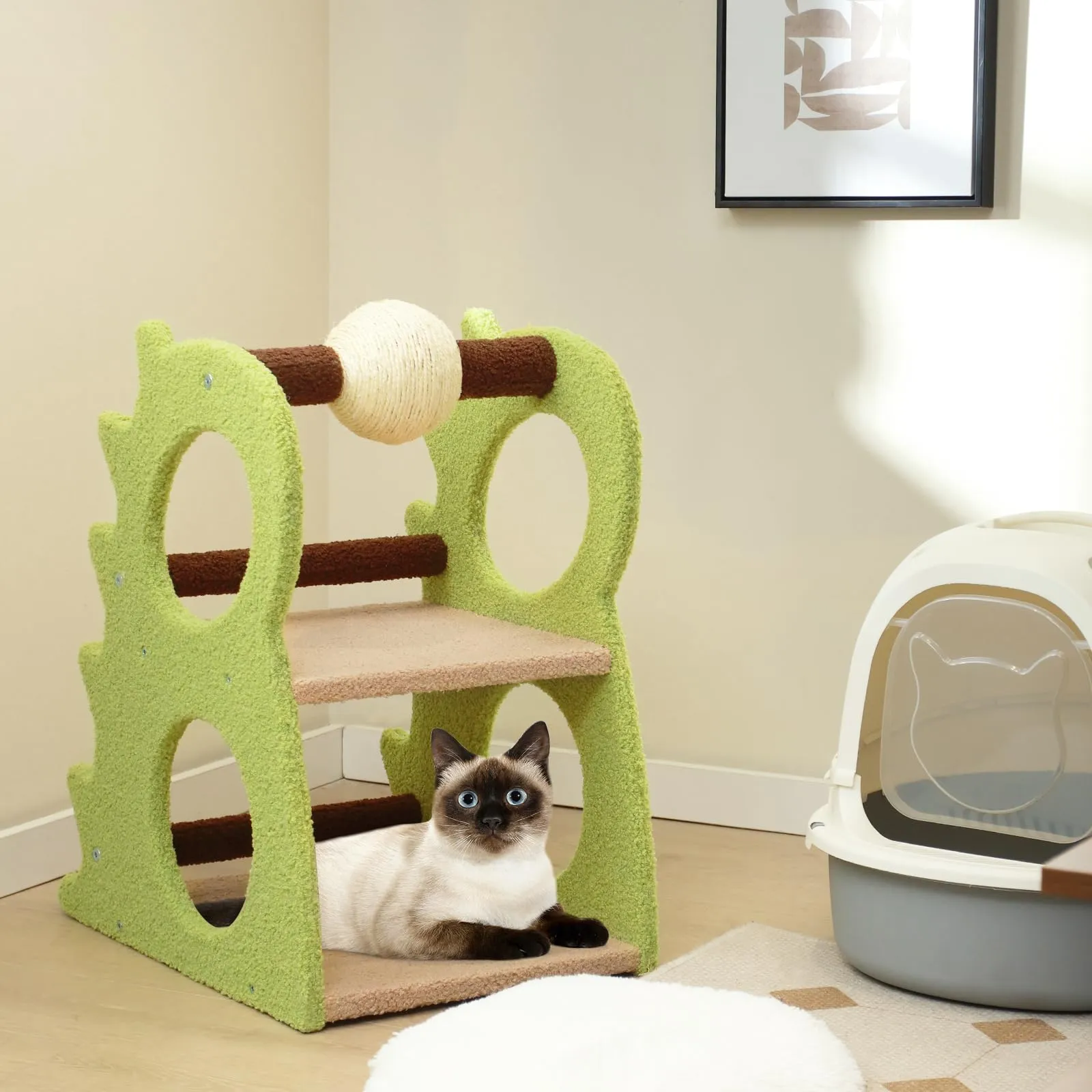 Tangkula Cute Cat Tree, Dinosaur-Shaped Cat Tower with Rotatable Sisal Scratching Ball (Green)