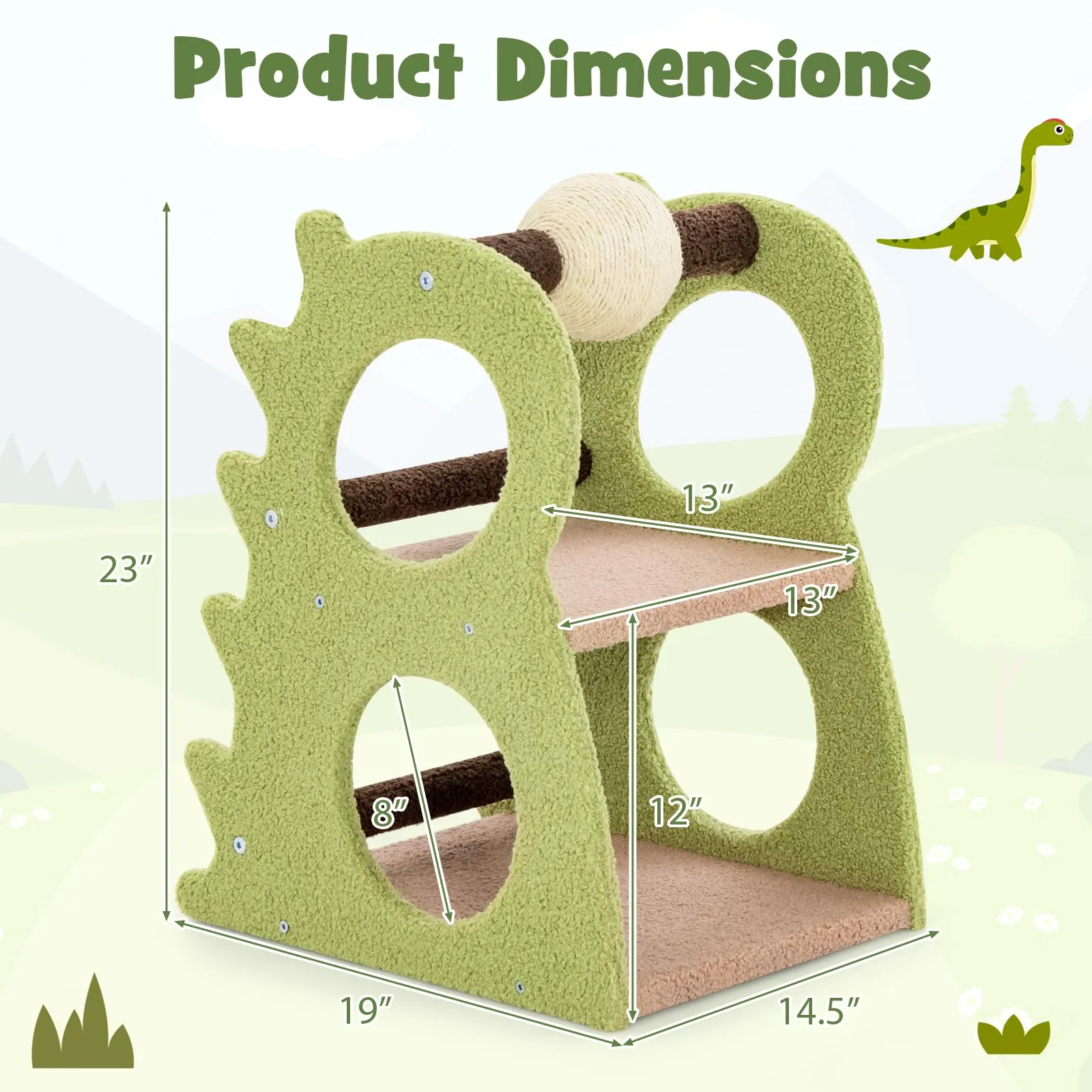 Tangkula Cute Cat Tree, Dinosaur-Shaped Cat Tower with Rotatable Sisal Scratching Ball (Green)