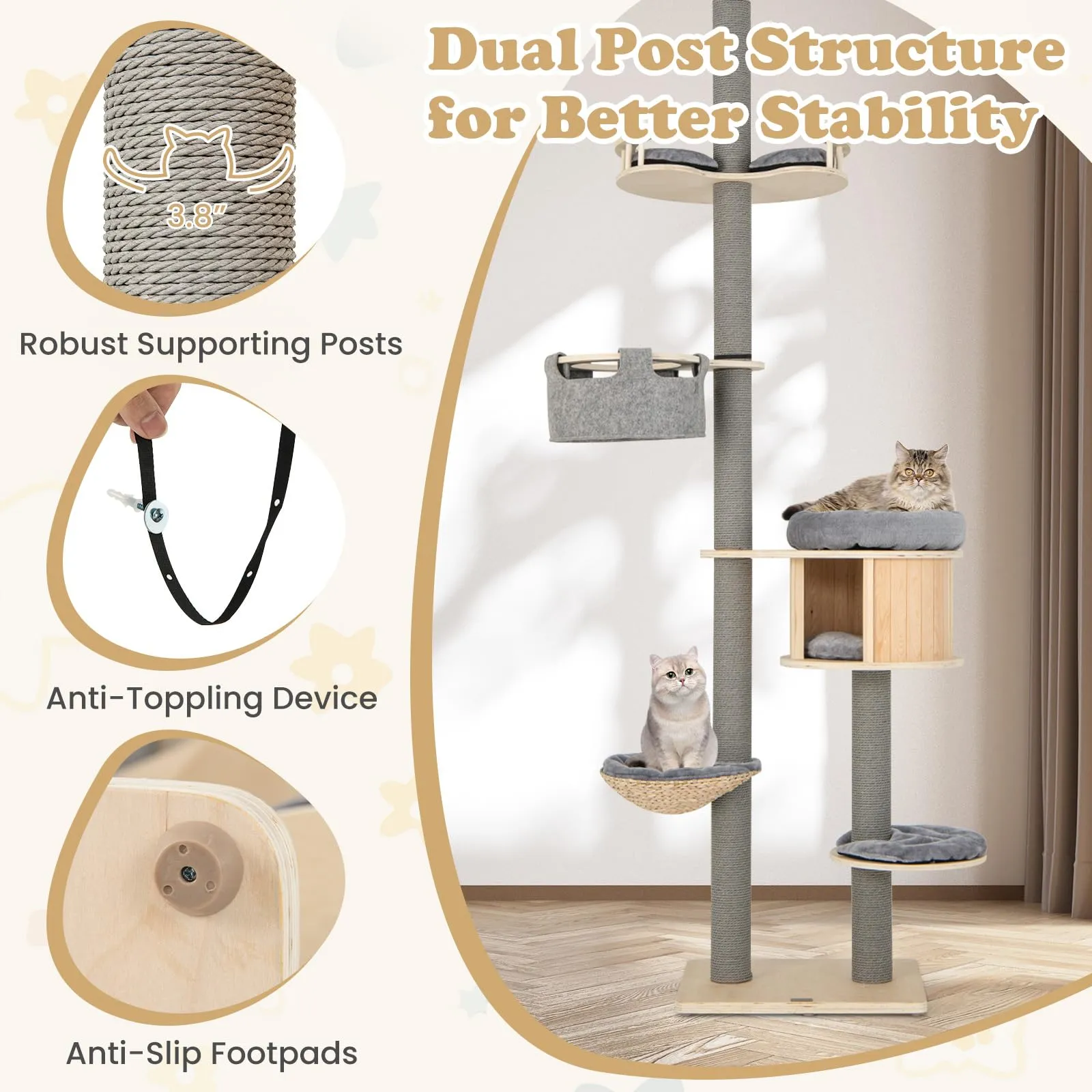 Tangkula Floor to Ceiling Cat Tree, 5 Tier Tall Cat Tower with Adjustable Height (100-110 Inch) for Large Cats