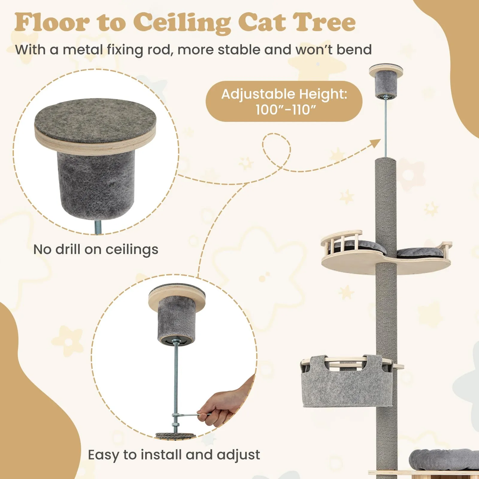 Tangkula Floor to Ceiling Cat Tree, 5 Tier Tall Cat Tower with Adjustable Height (100-110 Inch) for Large Cats