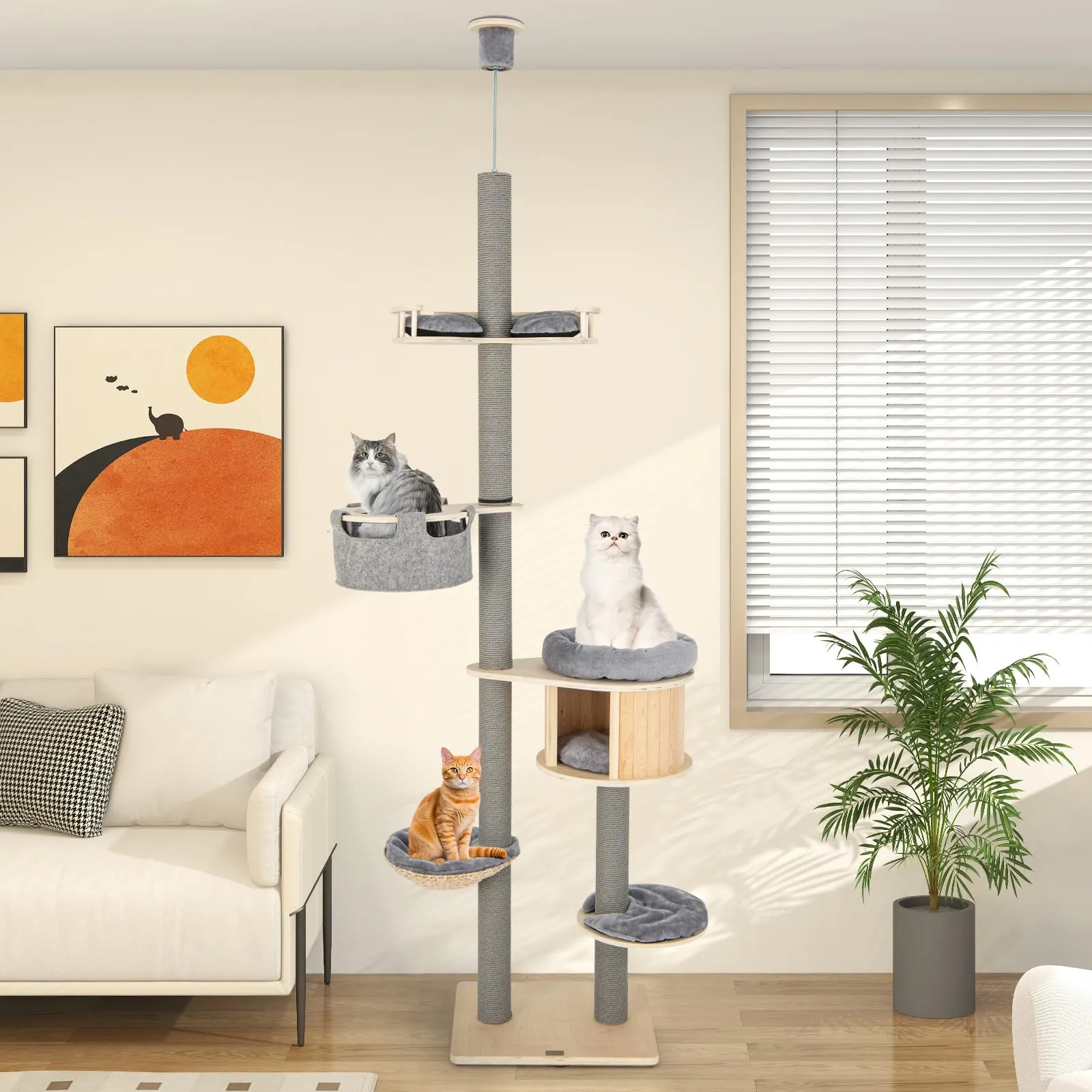 Tangkula Floor to Ceiling Cat Tree, 5 Tier Tall Cat Tower with Adjustable Height (100-110 Inch) for Large Cats