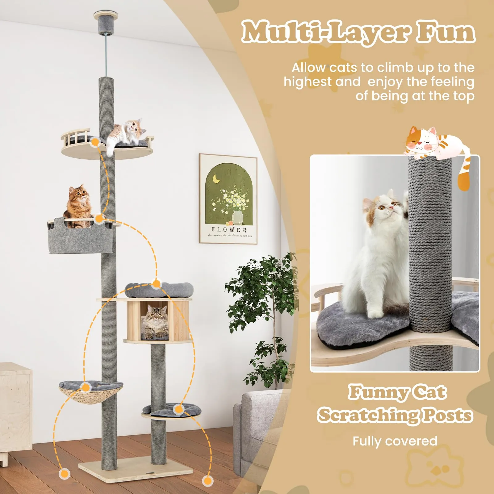 Tangkula Floor to Ceiling Cat Tree, 5 Tier Tall Cat Tower with Adjustable Height (100-110 Inch) for Large Cats