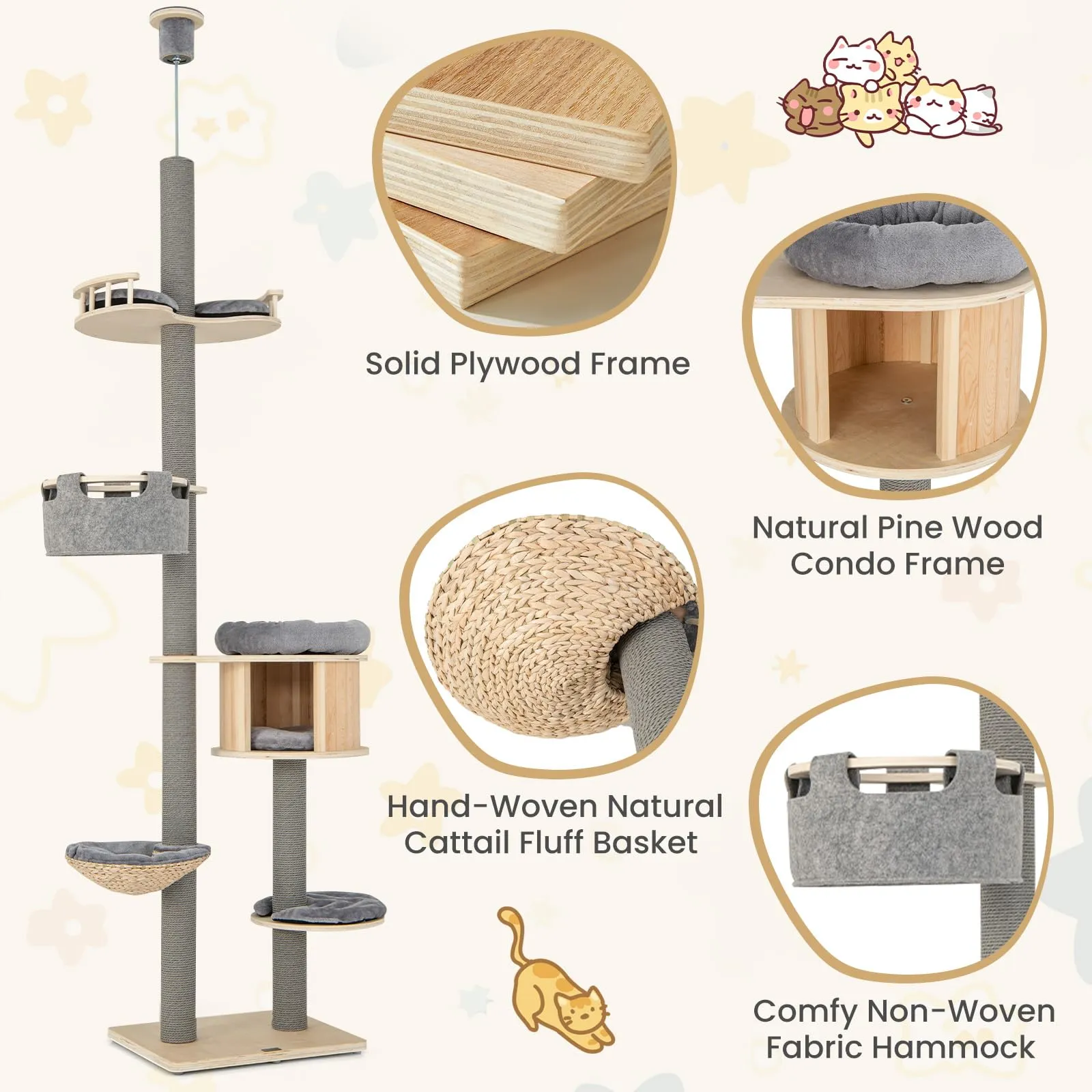 Tangkula Floor to Ceiling Cat Tree, 5 Tier Tall Cat Tower with Adjustable Height (100-110 Inch) for Large Cats