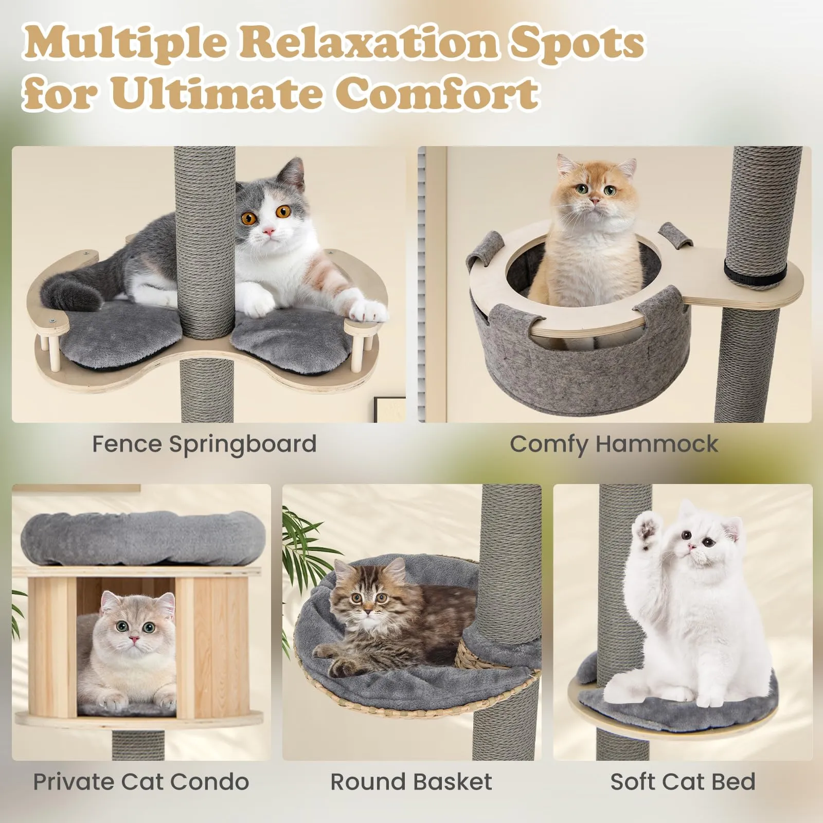 Tangkula Floor to Ceiling Cat Tree, 5 Tier Tall Cat Tower with Adjustable Height (100-110 Inch) for Large Cats